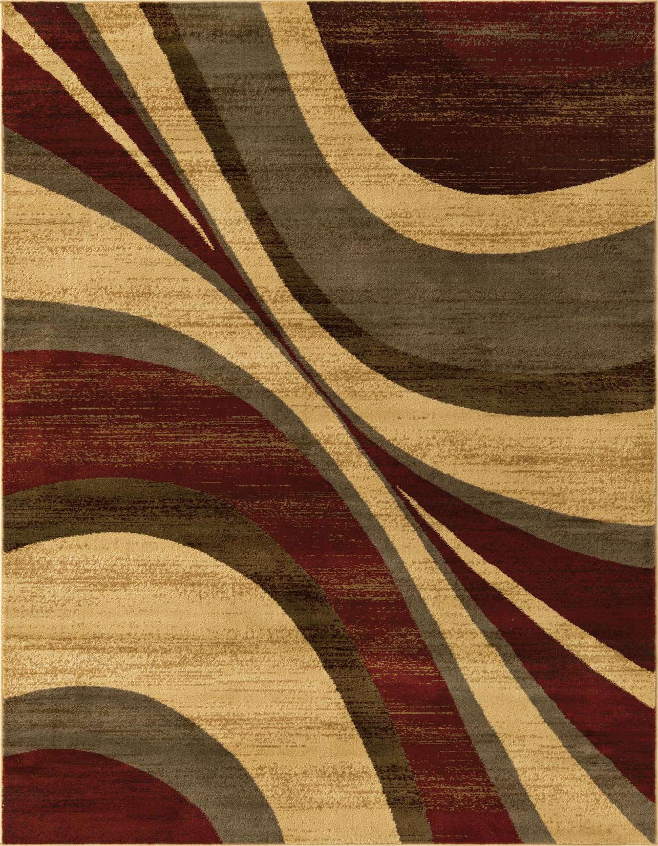 A 5x8 rectangular area rug featuring an eclectic, modern stripe pattern in shades of brown, tan, cream, and deep red.