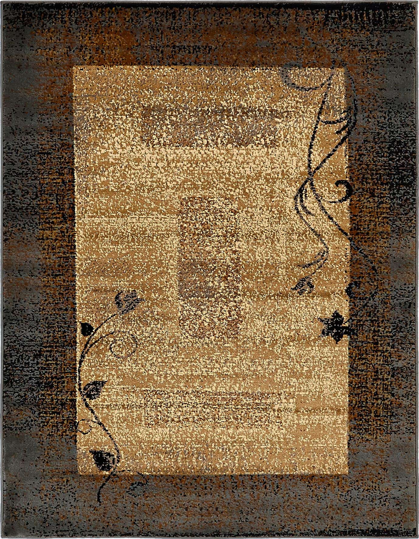 A 4x6 rectangular Cafe Collection rug featuring a tan and ivory center with dark brown and black botanical accents, bordered by a distressed dark brown and grey frame.