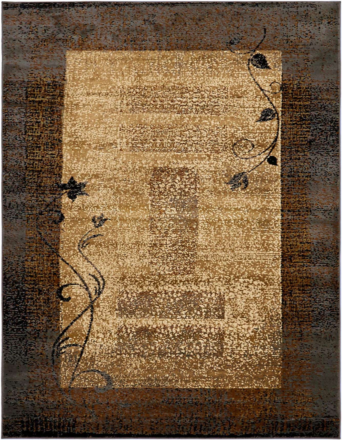A 5x8 rectangular Cafe Collection rug featuring a tan and cream center with dark brown floral vines, bordered by a textured brown and black pattern.