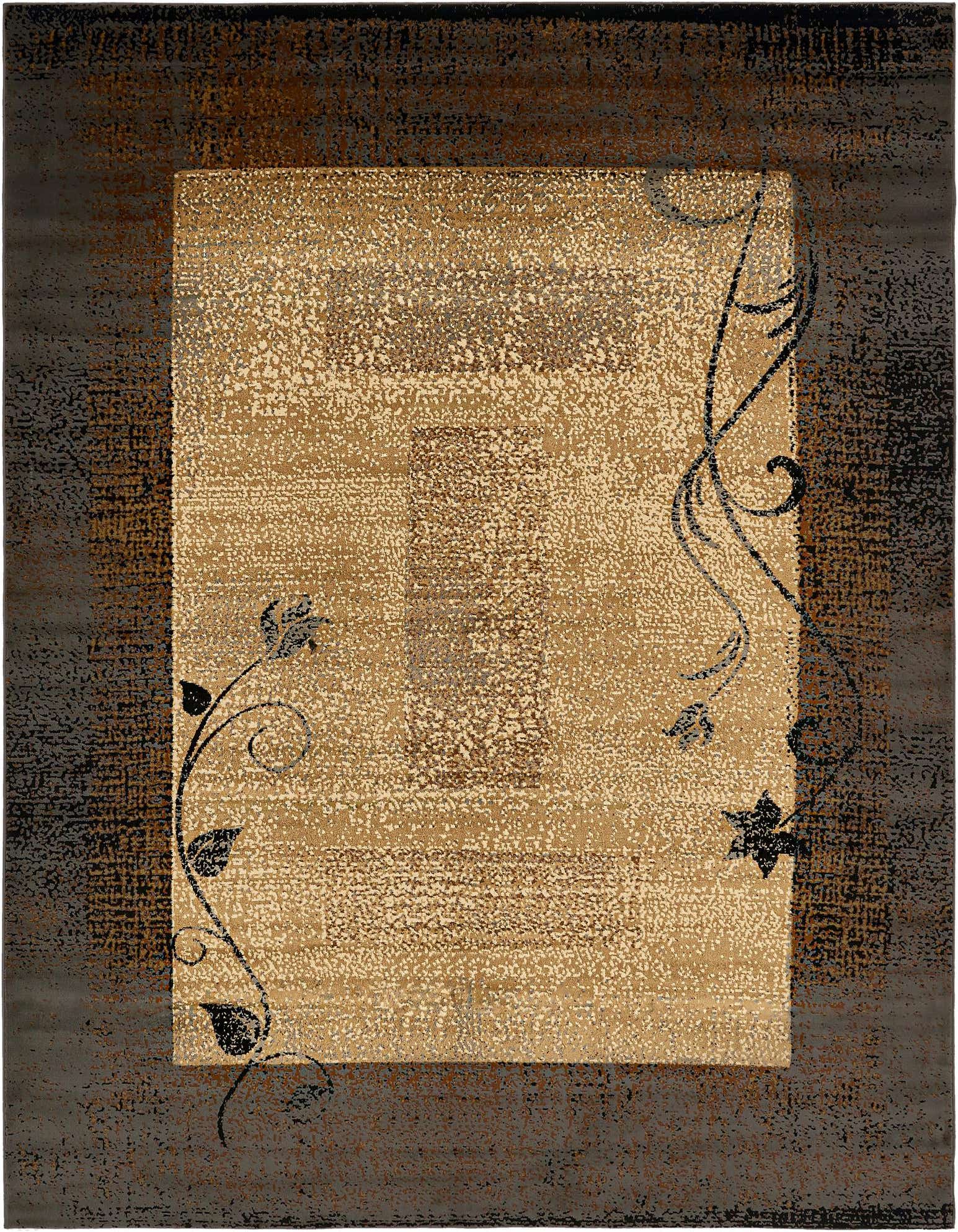 A 9x12 rectangular Cafe Collection rug featuring a tan and ivory center with abstract brown and black botanical accents, bordered by a darker brown and black distressed pattern.