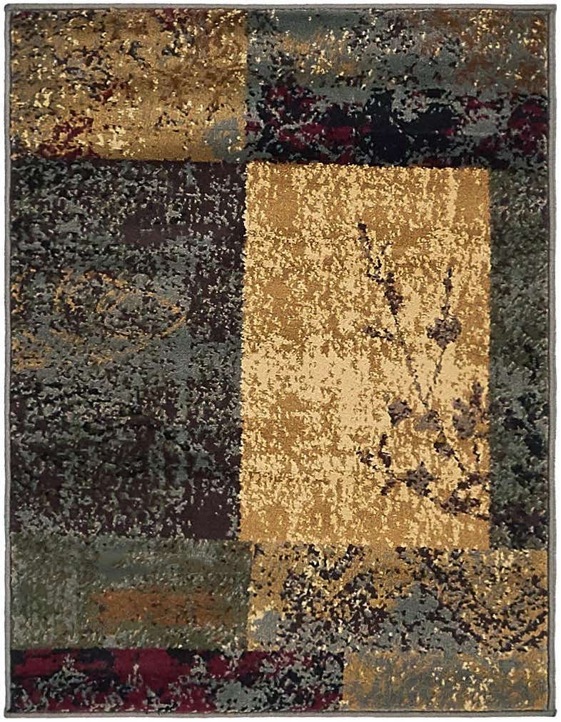 A 2x3 rectangular Cafe rug featuring an eclectic abstract pattern in shades of brown, tan, ivory, cream, and deep red, with a subtle floral motif on a tan block.