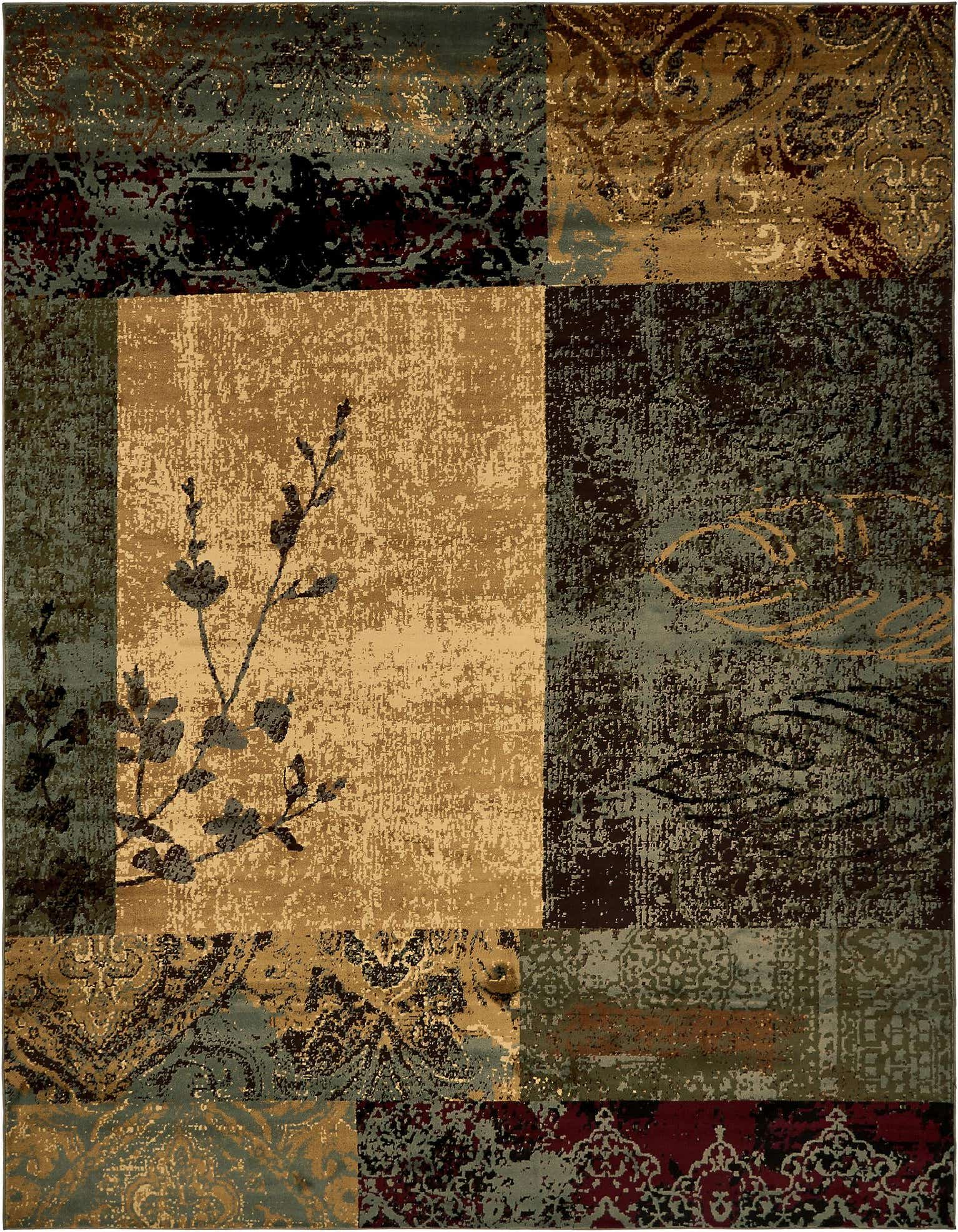 A rectangular 9x12 Cafe Collection rug featuring an eclectic patchwork of floral, abstract, and vintage patterns in shades of brown, tan, ivory, and deep red.