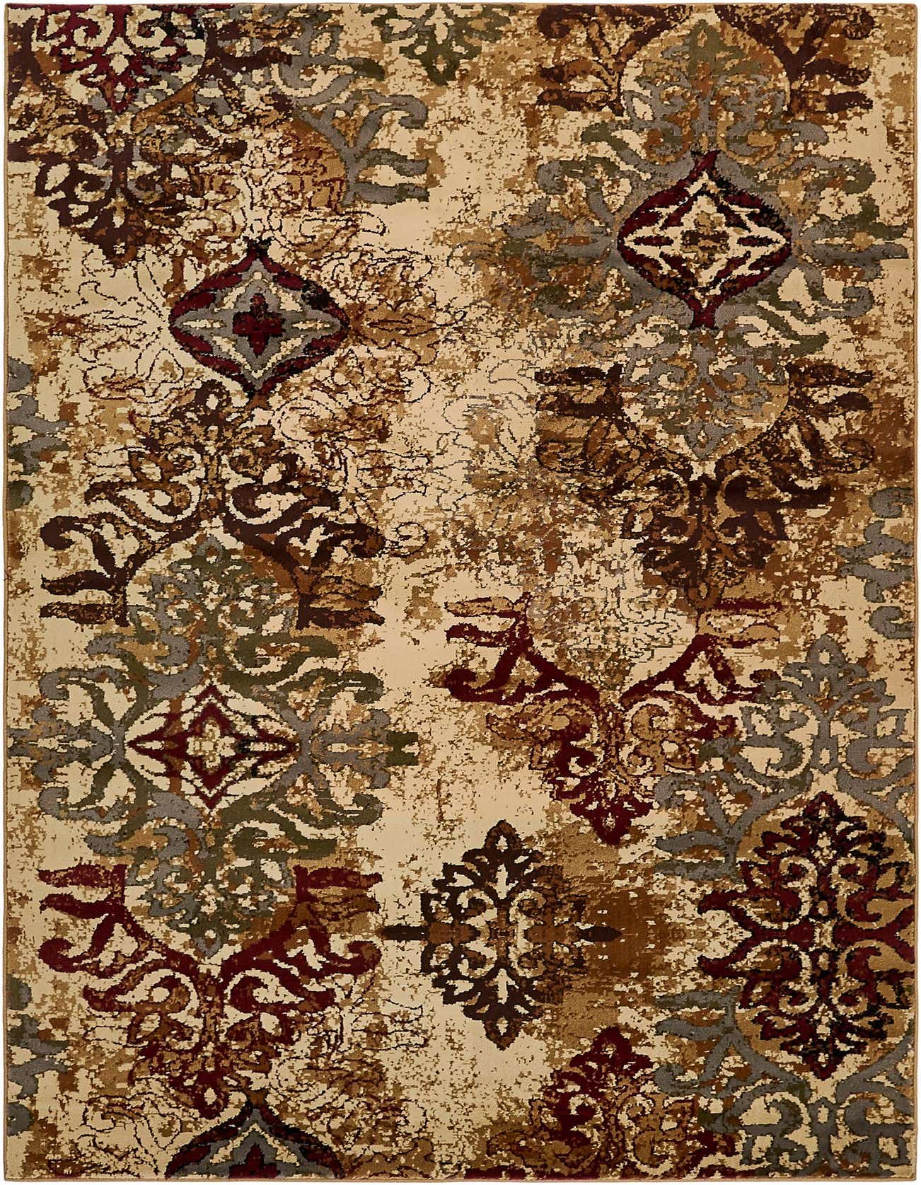 A 5x8 rectangular indoor rug with an eclectic, abstract pattern in shades of brown, tan, ivory, and cream.