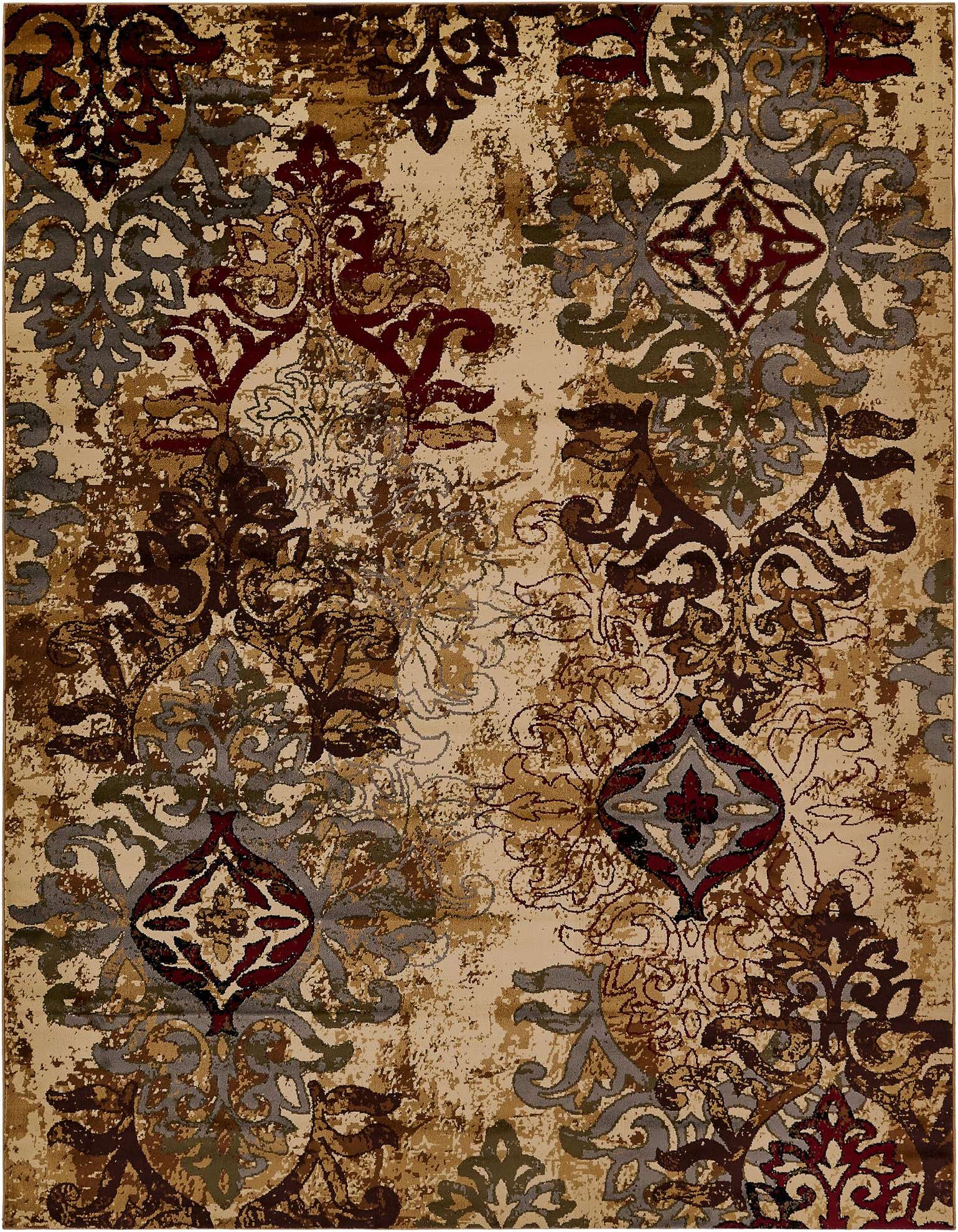A 9x12 rectangular Cafe collection rug featuring an eclectic, abstract pattern in browns, tans, ivories, and creams.