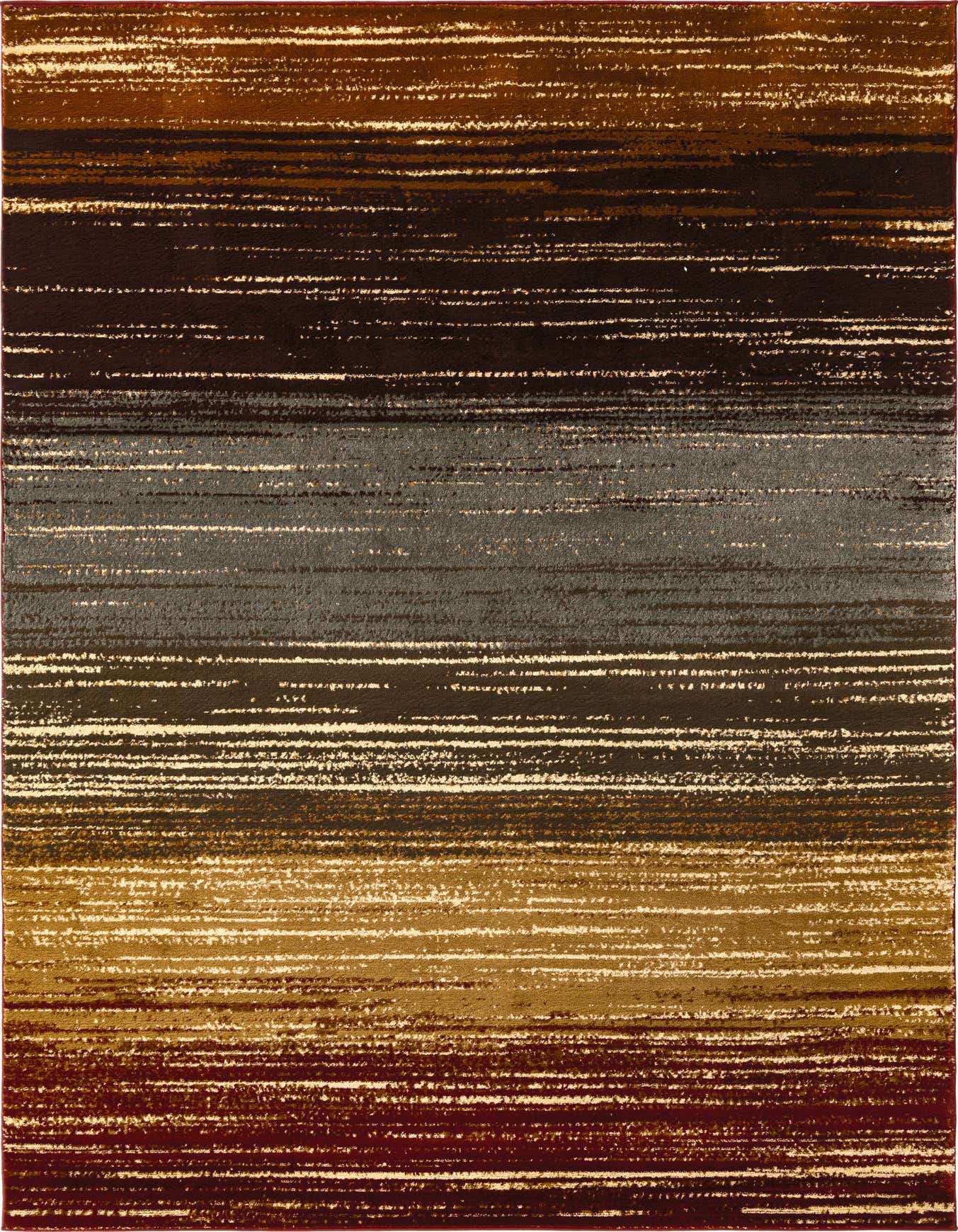 A 6x9 rectangular area rug featuring horizontal stripes in varying shades of brown, tan, cream, and dark gray, creating an eclectic, modern look.