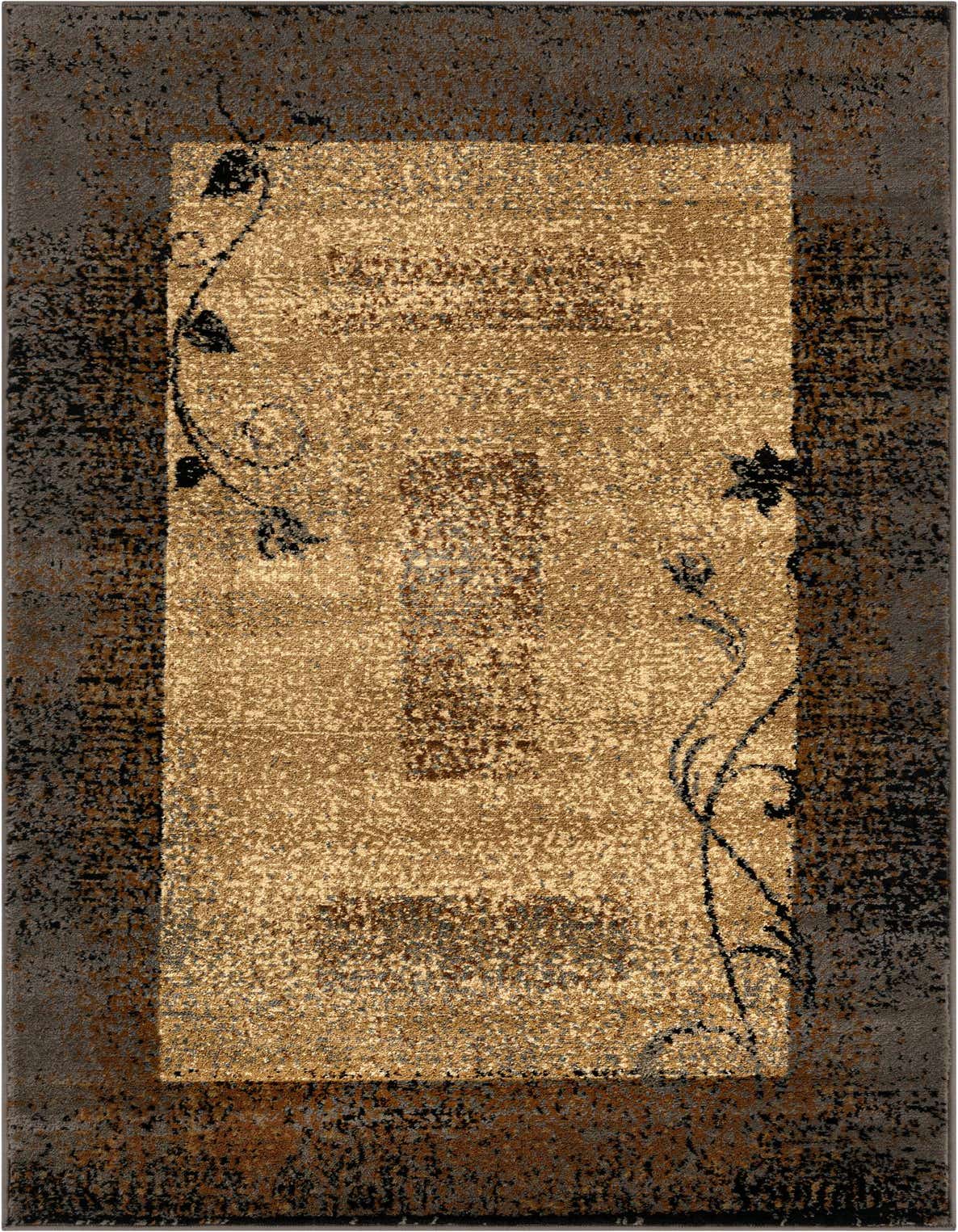 A rectangular 3x5 brown and tan area rug with an eclectic floral and botanical pattern, perfect for a kitchen.