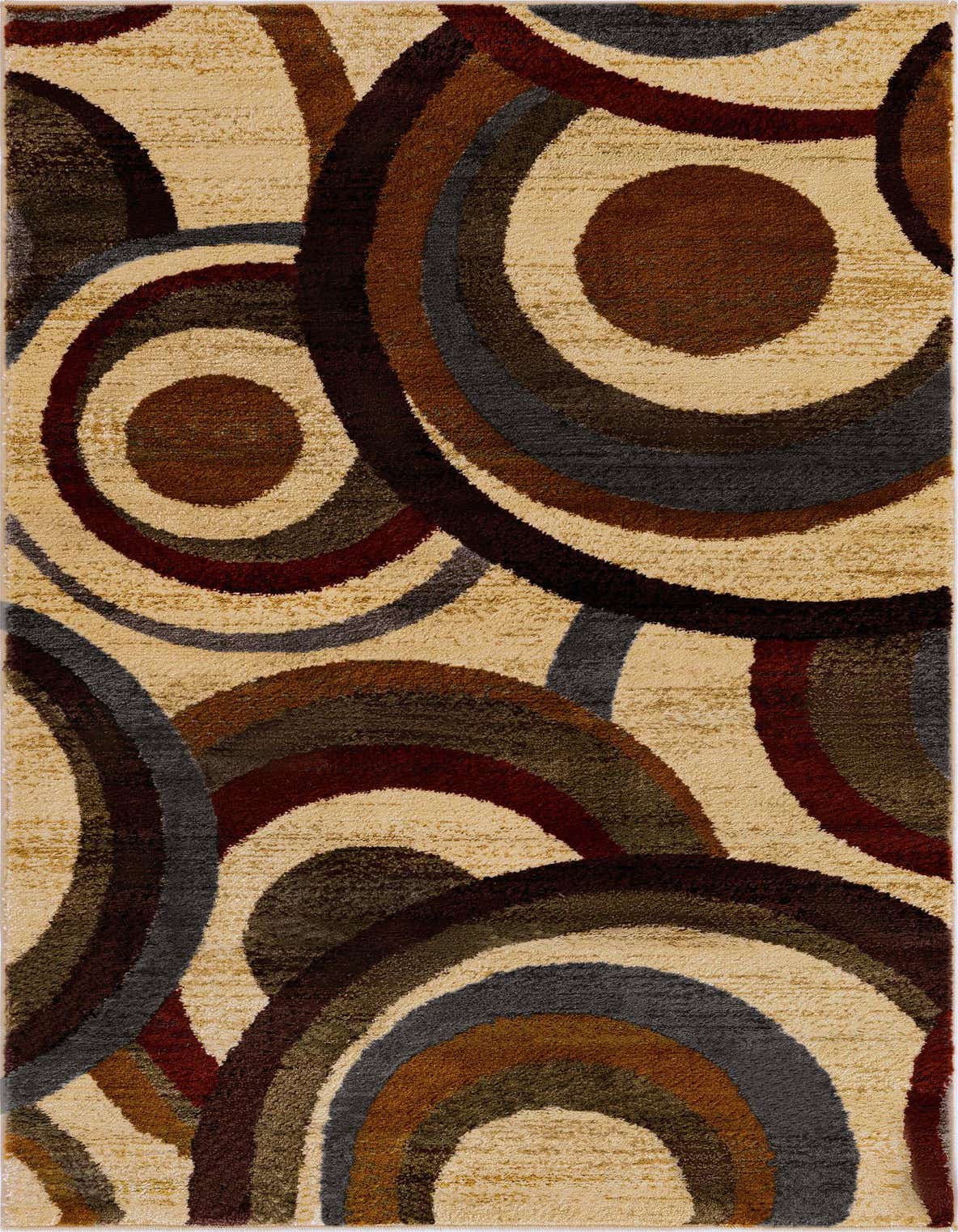 A 3x5 rectangular rug with an abstract pattern of concentric circles and arcs in shades of brown, tan, ivory, and dark gray.