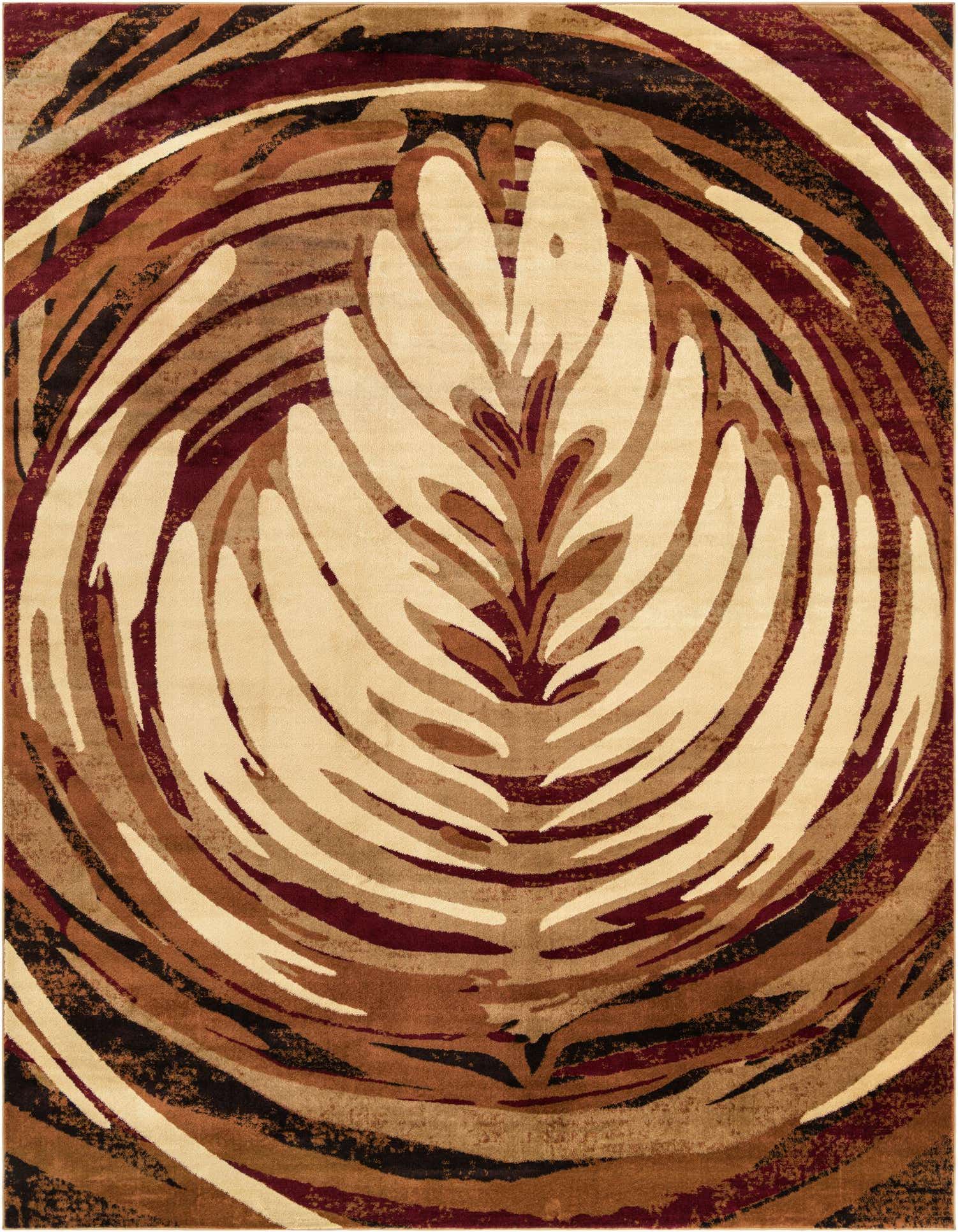 A 9x12 rectangular rug featuring a modern medallion design in shades of brown, tan, ivory, and cream.