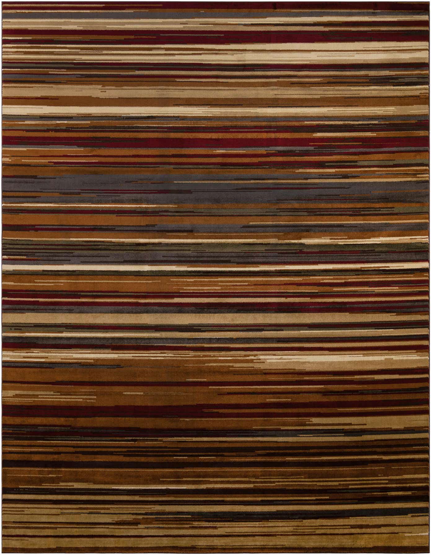 A 10x14 rectangular Cafe Collection rug featuring a modern stripe pattern in various shades of brown, tan, cream, and hints of red and gray.