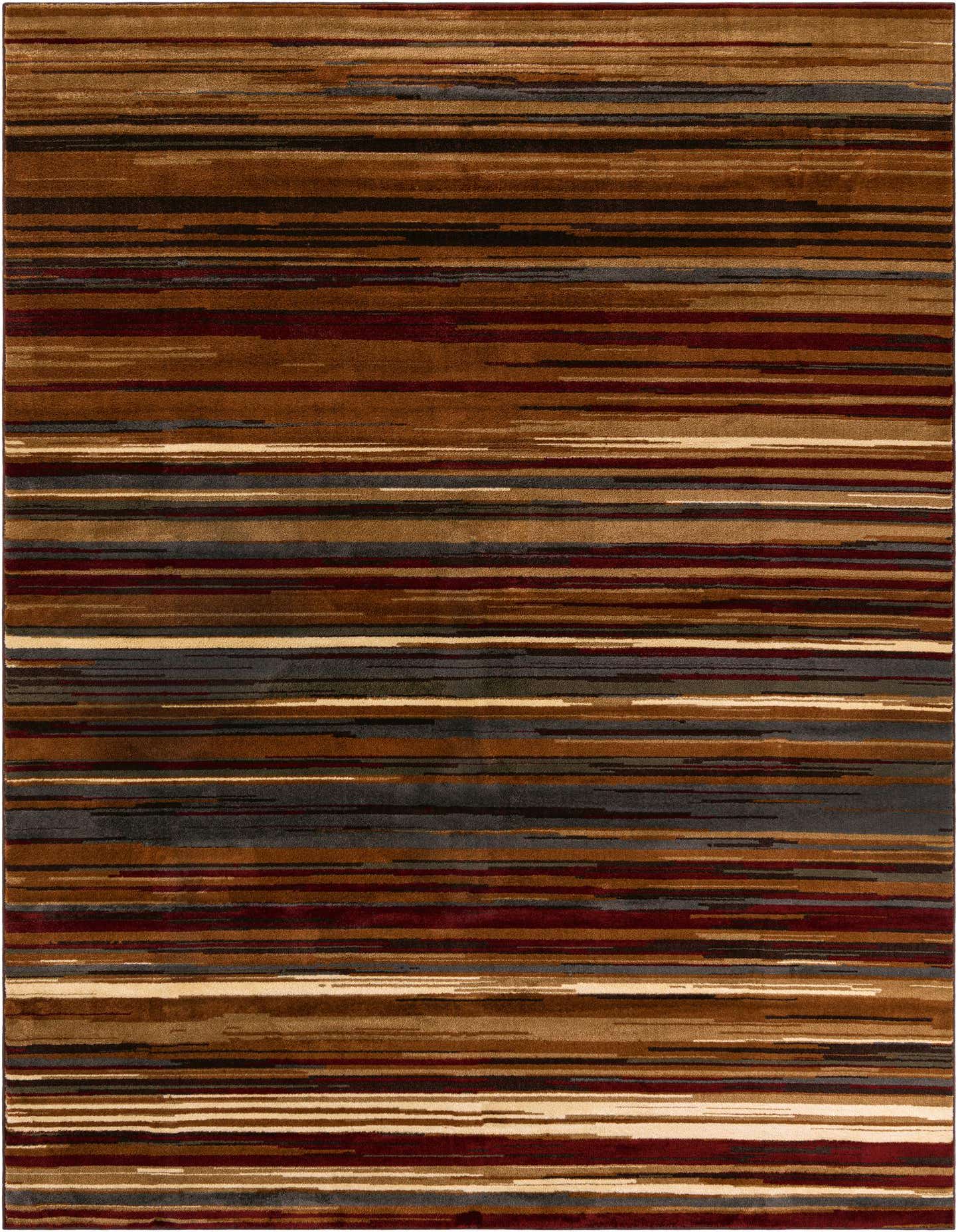 A rectangular 8x11 modern area rug featuring horizontal stripes in various shades of brown, tan, cream, and deep red.