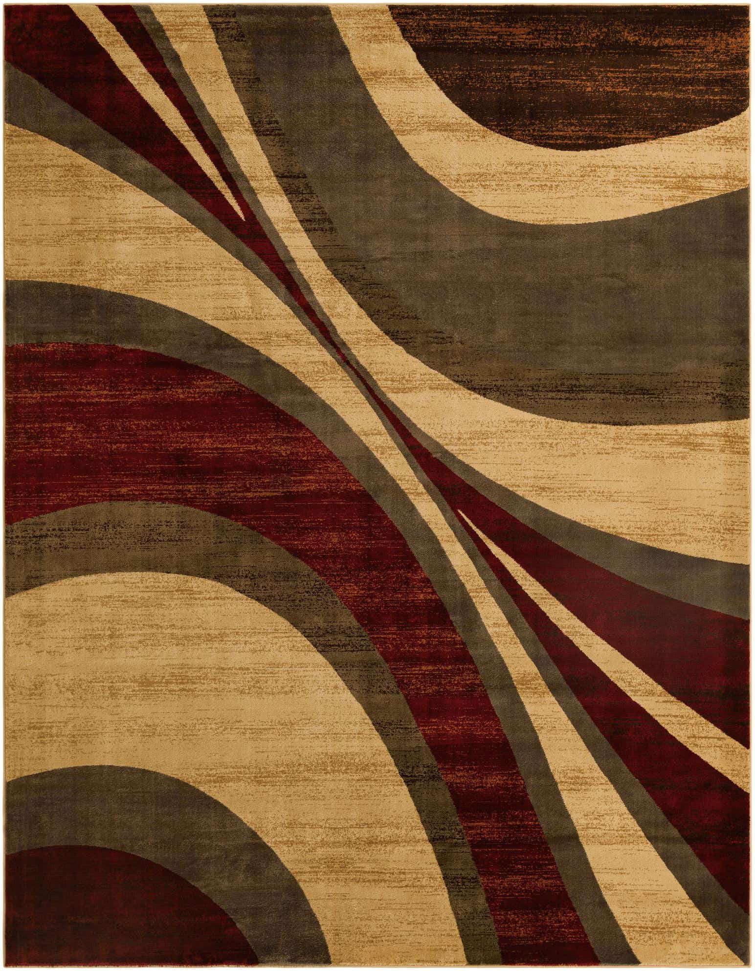 A 10x13 rectangular indoor rug with a modern abstract pattern in shades of brown, tan, cream, and deep red.