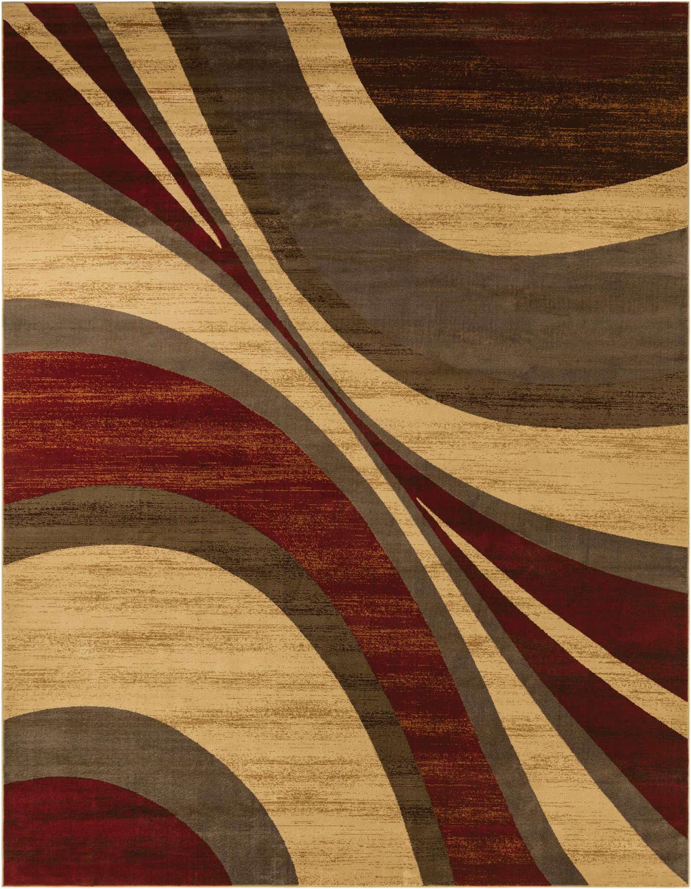 A 10x14 rectangular modern abstract rug featuring sweeping curves in shades of brown, tan, cream, and deep red.