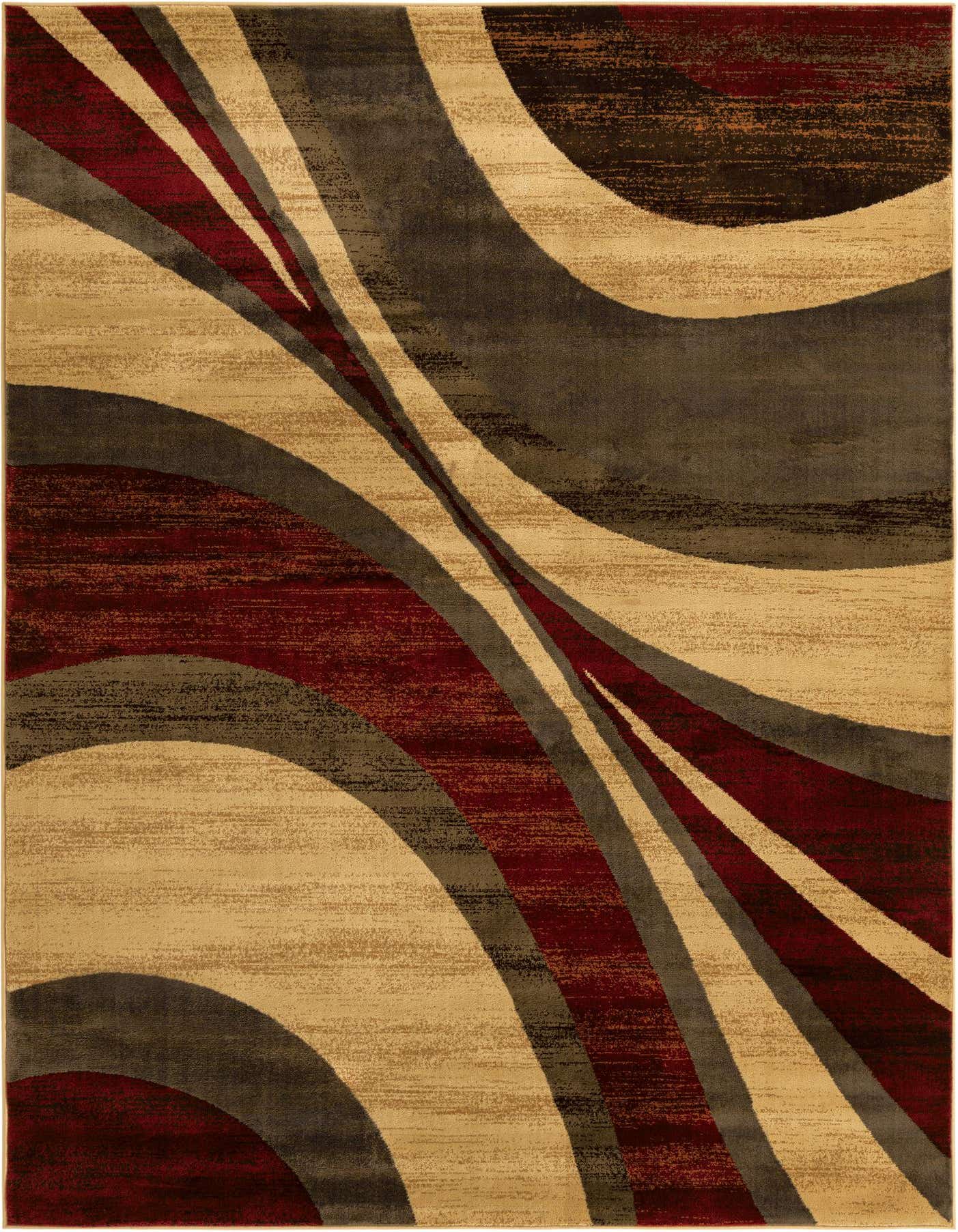 A rectangular 8x11 Cafe Collection rug featuring a modern abstract pattern with sweeping curves in shades of brown, tan, ivory, and deep red.