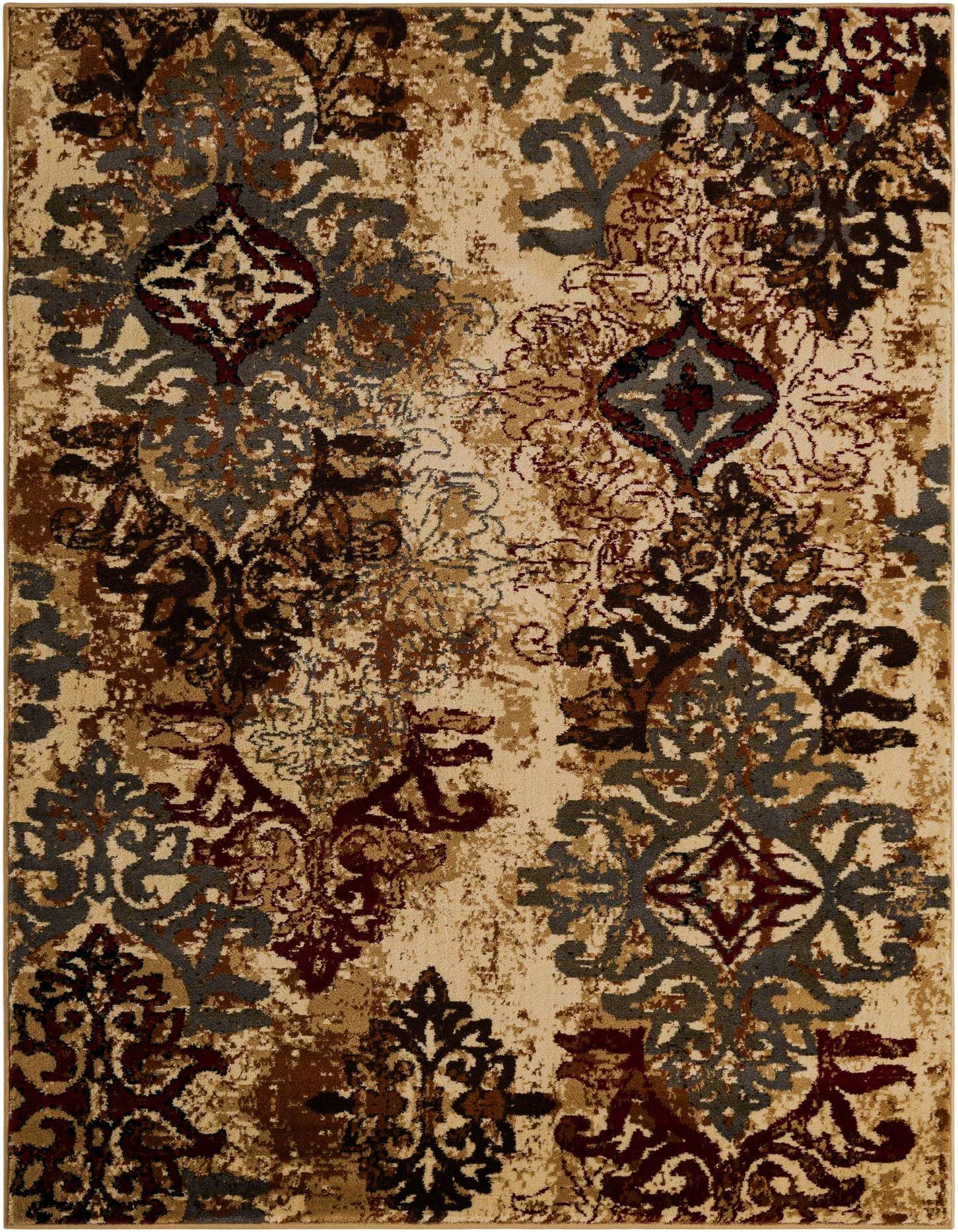 A 5x7 rectangular area rug with a distressed damask pattern in shades of brown, tan, cream, and hints of deep red and grey.