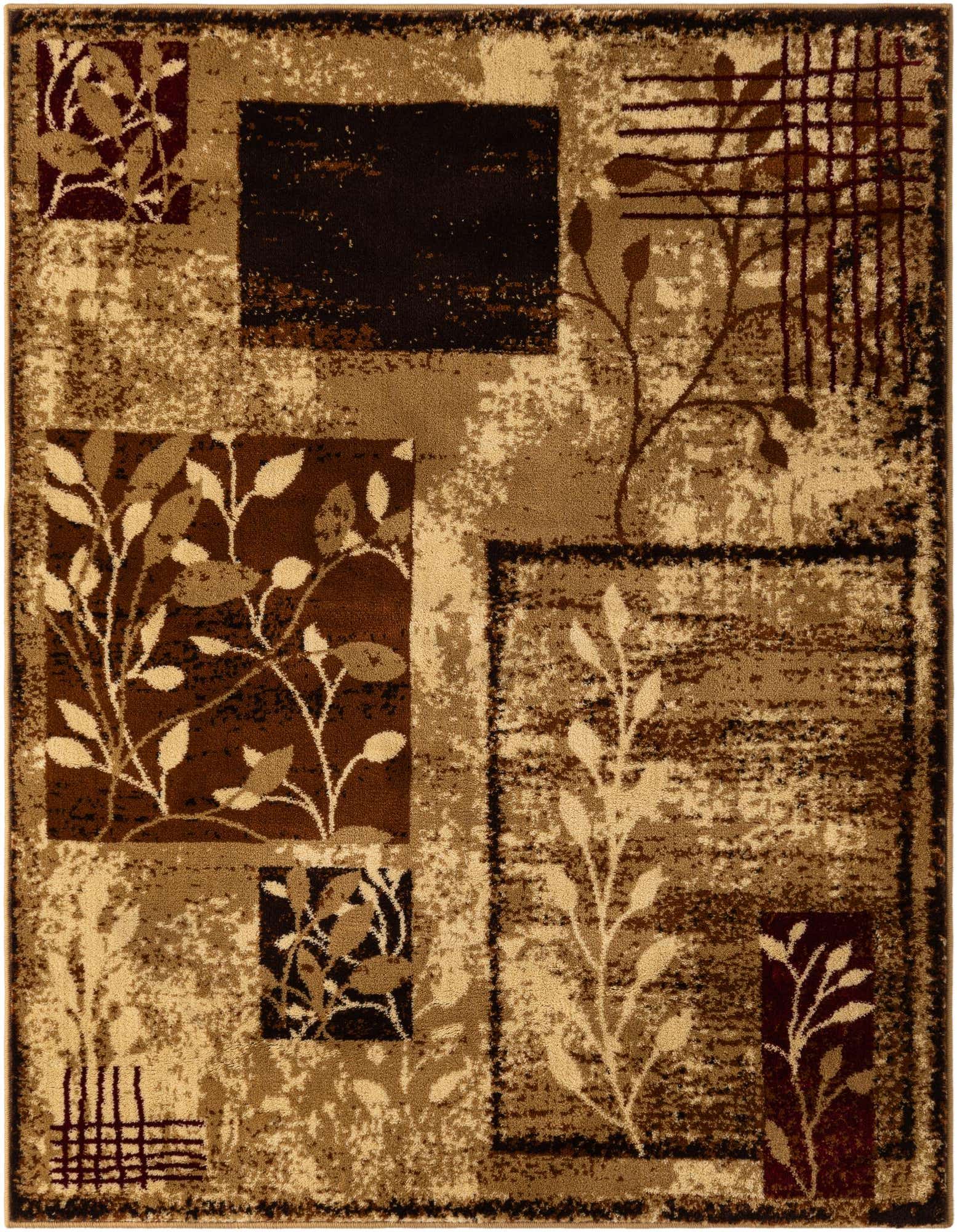 A 4x6 rectangular area rug featuring a modern abstract design with blocks of brown, tan, and cream, accented by stylized leaf and branch motifs.