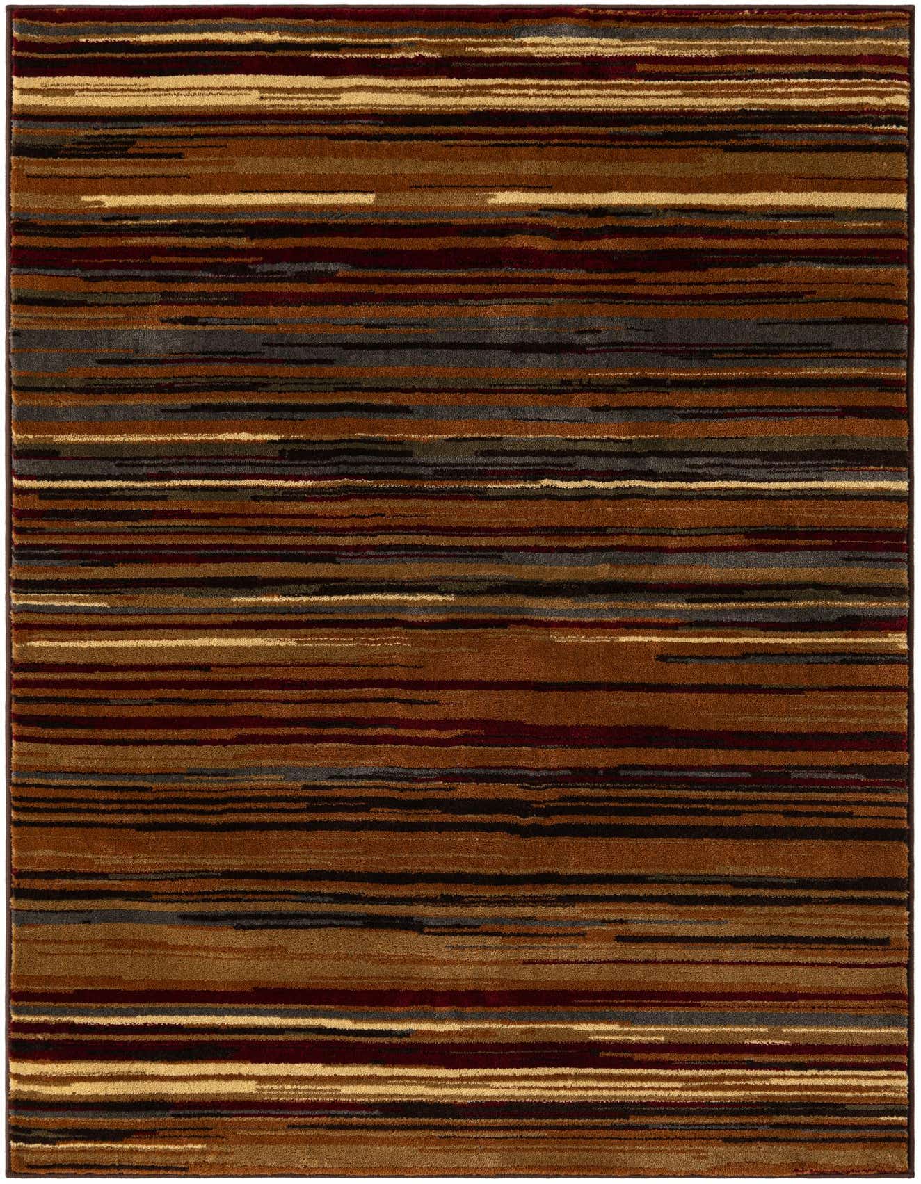 A 4x6 rectangular indoor rug with a striped pattern in various shades of brown, tan, cream, and hints of dark red and grey.