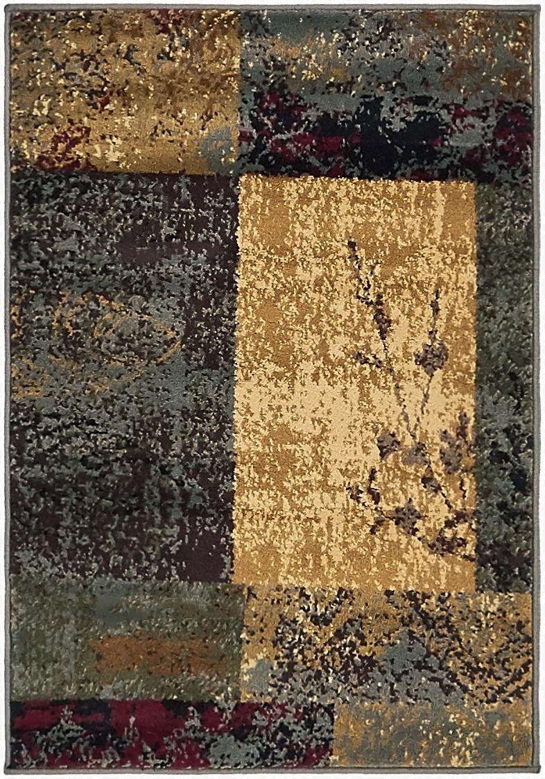 A 2x3 rectangular Cafe rug featuring an eclectic abstract pattern in shades of brown, tan, ivory, cream, and deep red, with a subtle floral motif on a tan block.