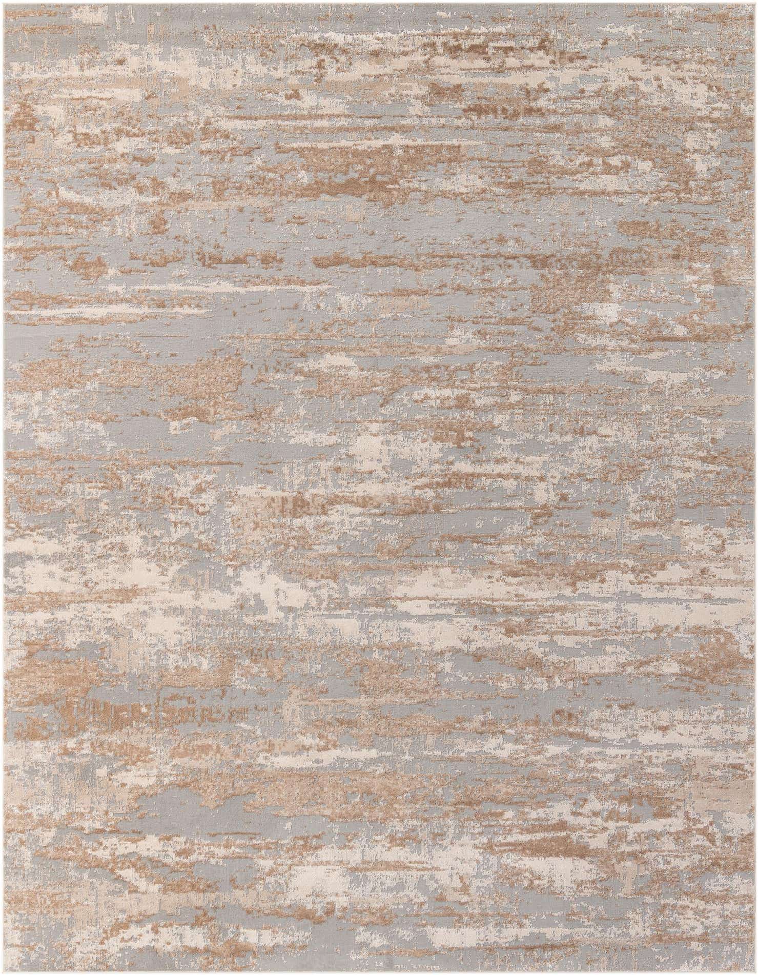 A 9x12 rectangular area rug featuring an abstract, distressed pattern in varying shades of brown, tan, and cream.