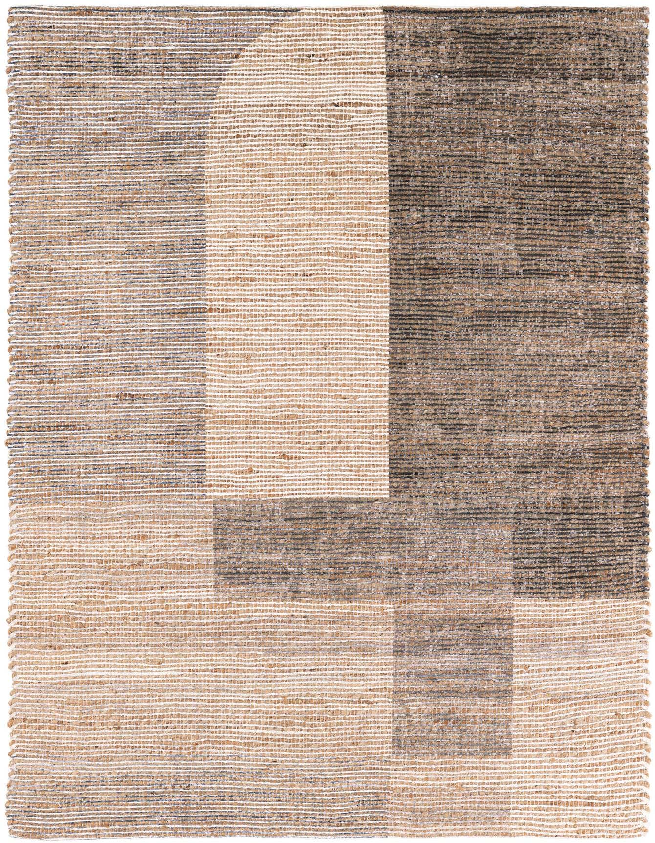A 4x6 rectangular Chenille & Jute rug featuring an abstract, modern pattern in browns, tans, and ivories.