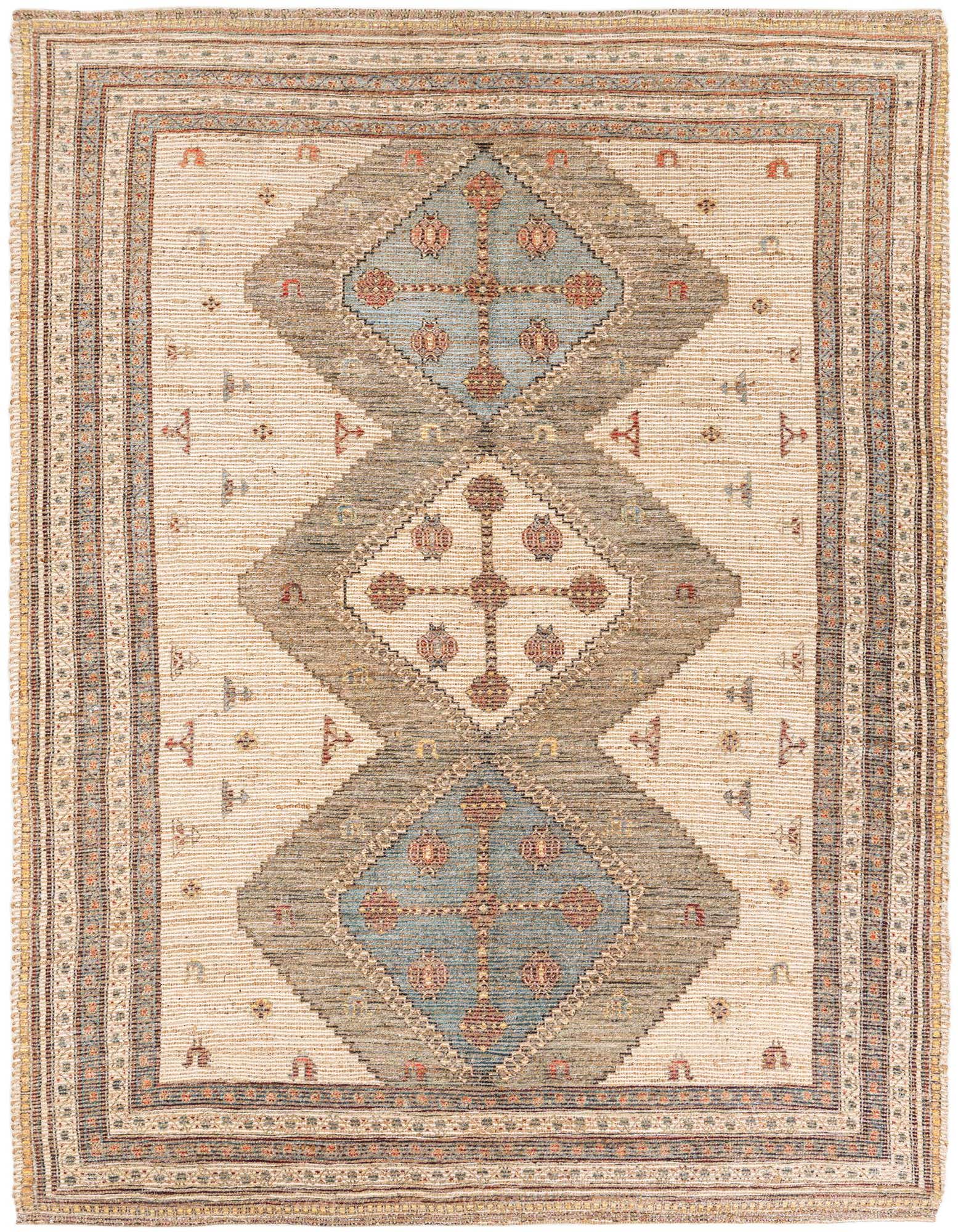 A rectangular 8x10 Chenille & Jute rug featuring a traditional pattern with brown, tan, and ivory diamond motifs.