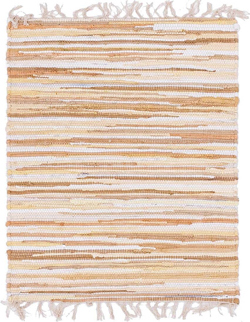 A 2x3 rectangular Chindi Cotton rug featuring horizontal stripes in varying shades of brown, tan, and cream, with fringed ends.