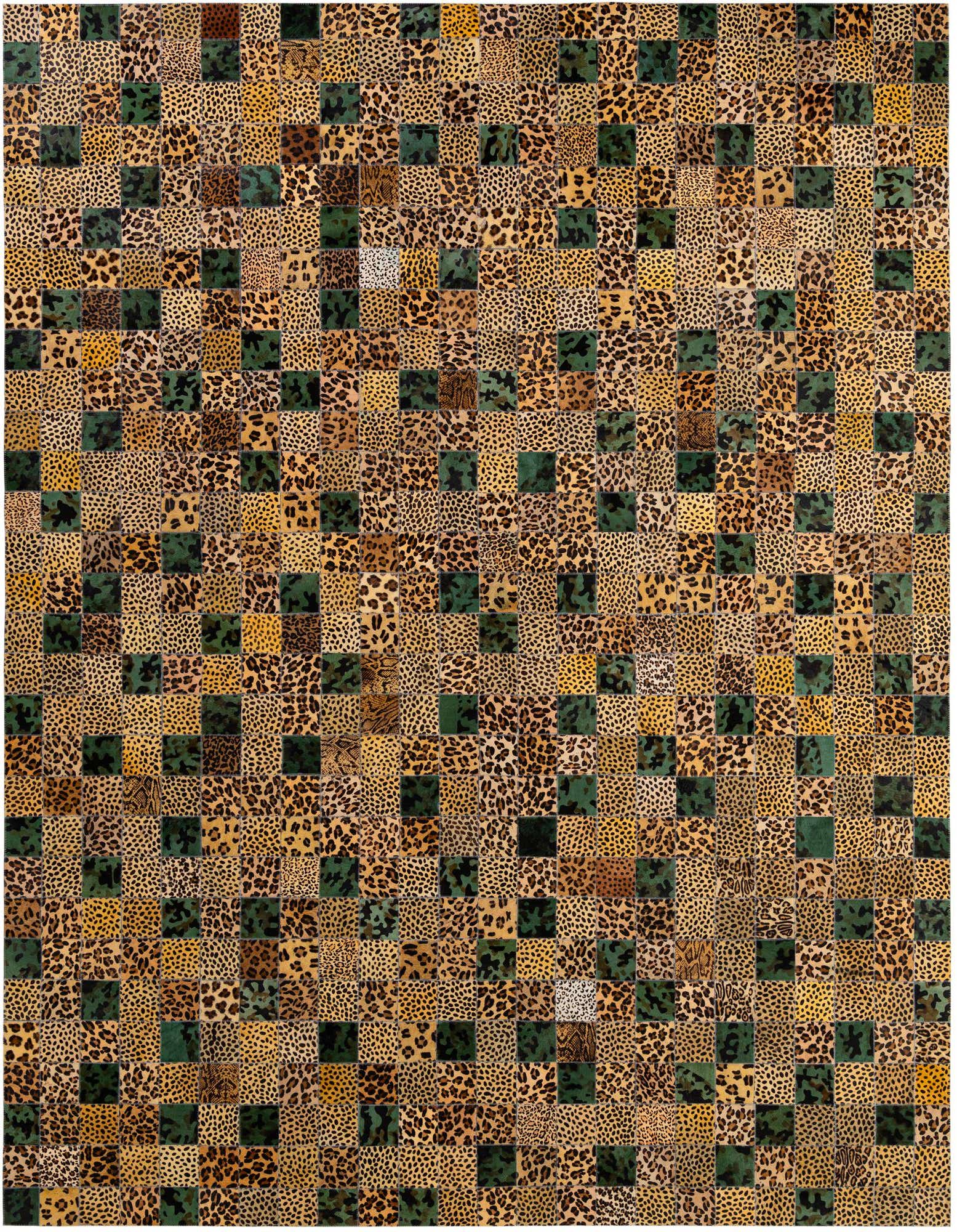 A rectangular 8x10 Cowhide - Patchwork rug featuring a modern checkerboard pattern of brown and tan leopard print squares interspersed with dark green squares.