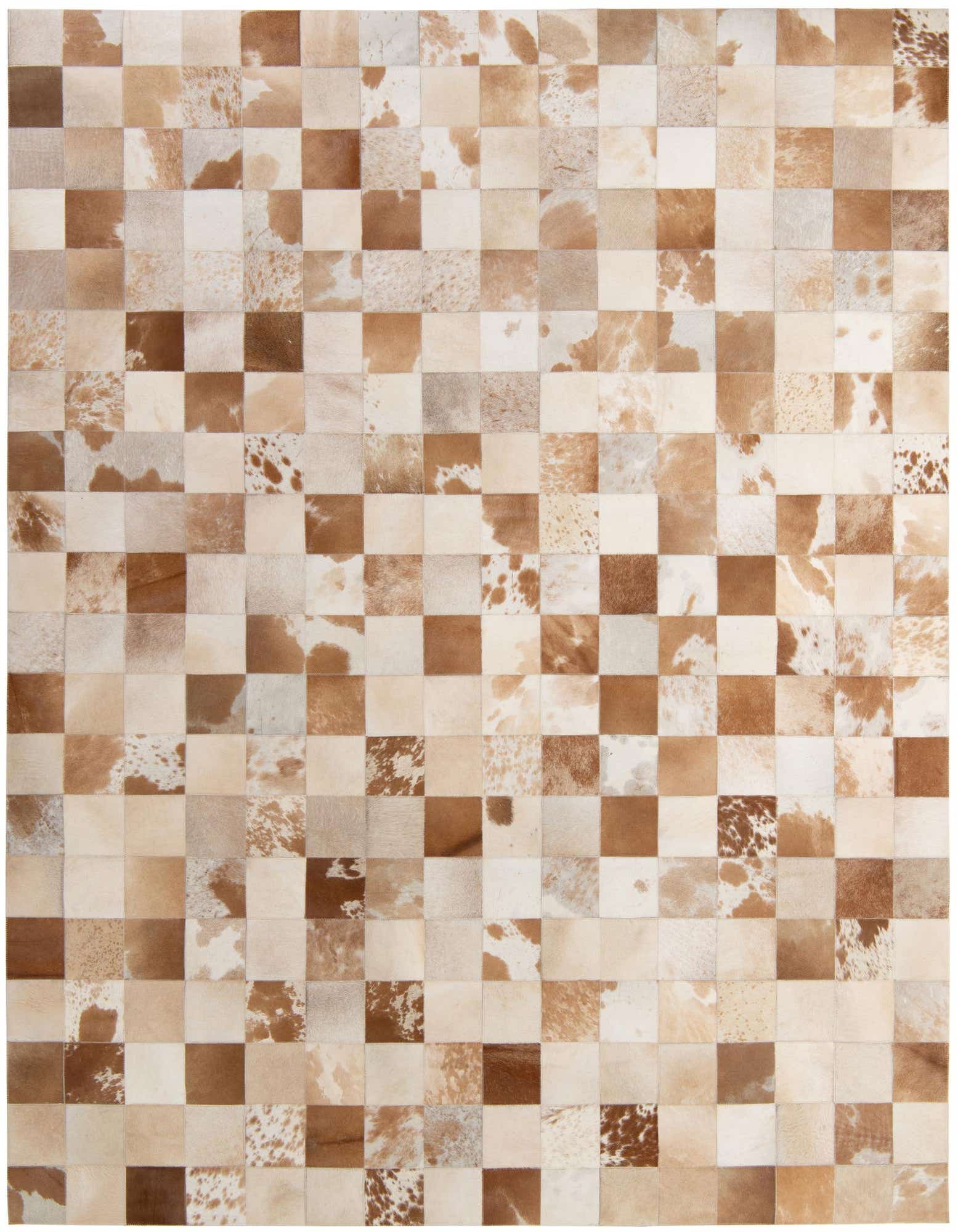 A rectangular 8x10 Cowhide Patchwork rug featuring a checkerboard pattern of brown, tan, and ivory squares, some with natural cowhide spots.