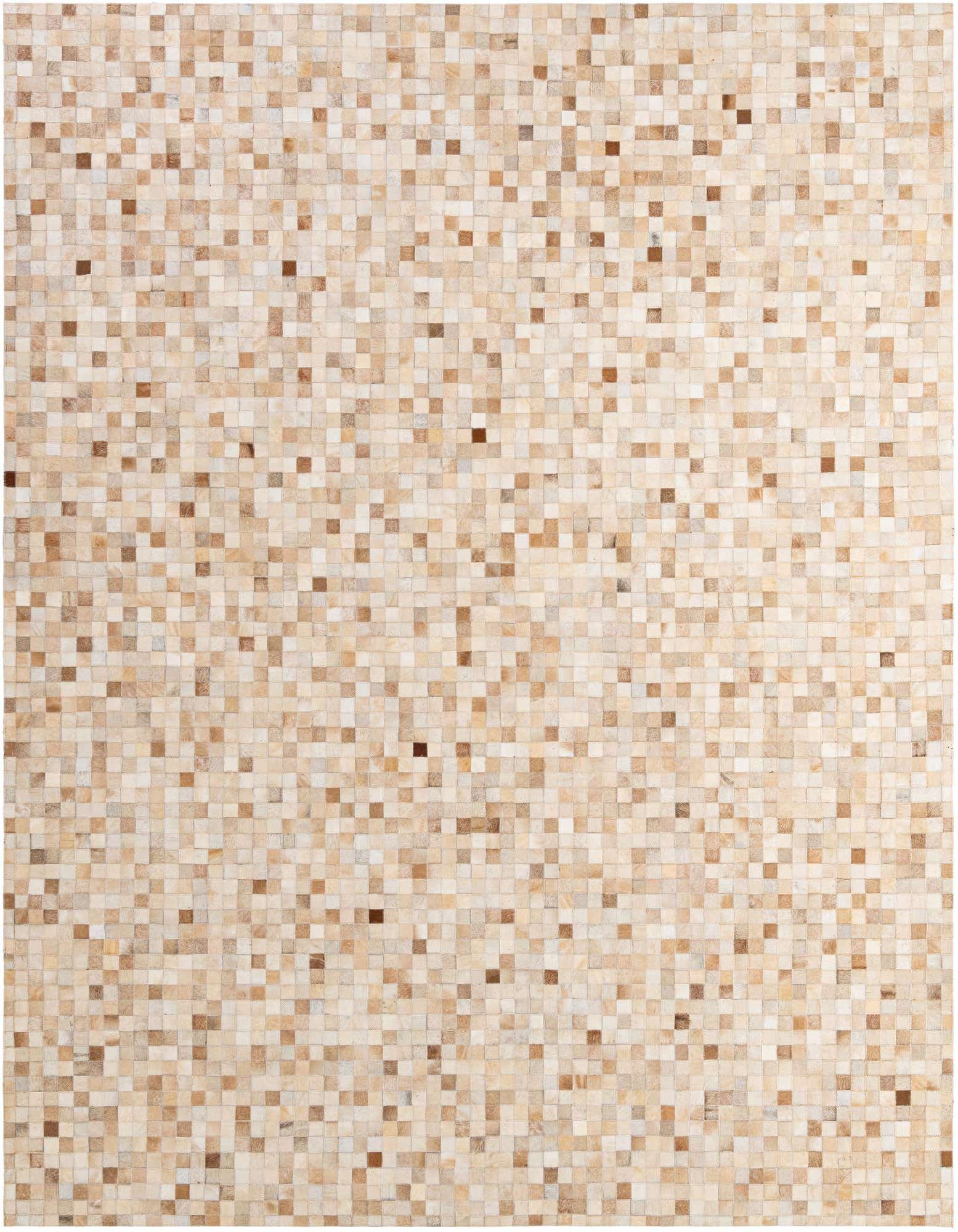 A rectangular 8x10 Cowhide Patchwork rug featuring a mosaic of natural brown, tan, and ivory squares.