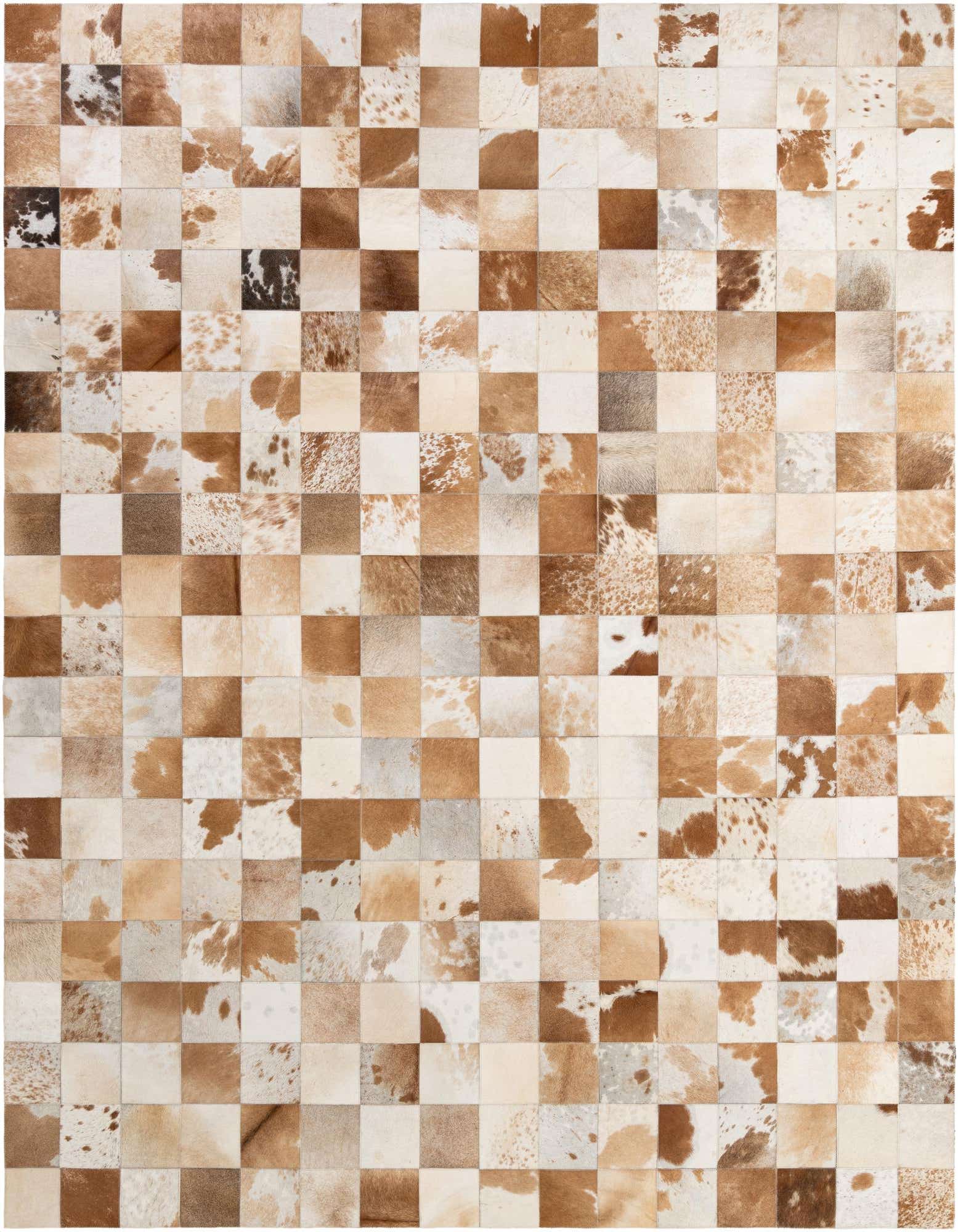 A rectangular 8x10 Cowhide Patchwork rug featuring a checkerboard pattern of brown, tan, and ivory squares, some with natural cowhide spots.