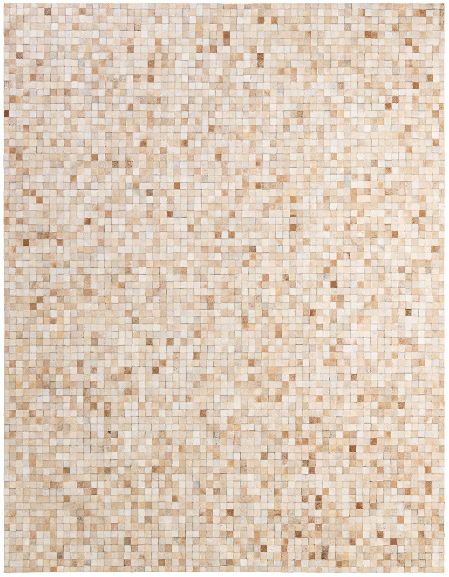 A rectangular 8x10 Cowhide Patchwork rug in shades of brown, tan, and ivory, featuring a modern mosaic pattern.