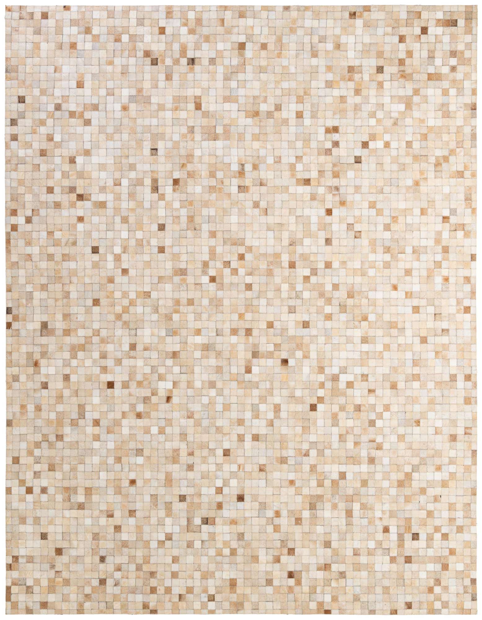 8x10 rectangular Cowhide Patchwork rug featuring a mosaic of natural brown, tan, and ivory squares.