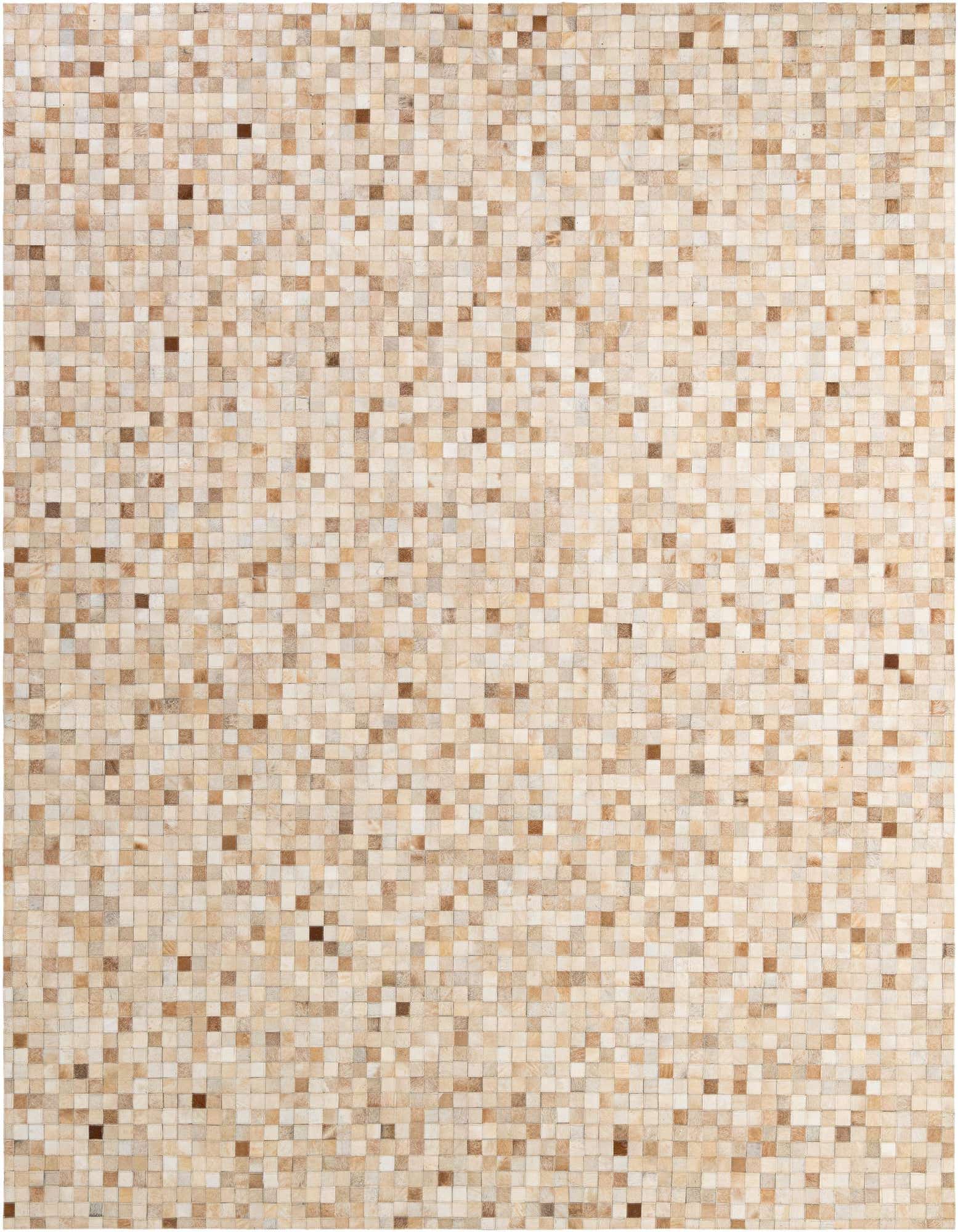 8x10 rectangular Cowhide Patchwork rug featuring a modern mosaic of varying brown, tan, and ivory squares.