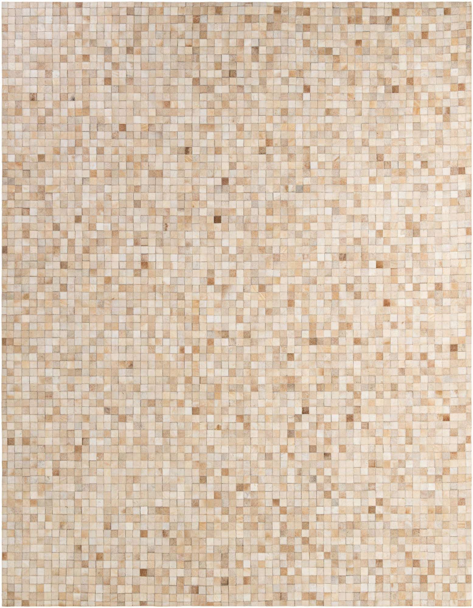 8x10 rectangular Cowhide Patchwork rug featuring a mosaic of natural brown, tan, and cream squares.