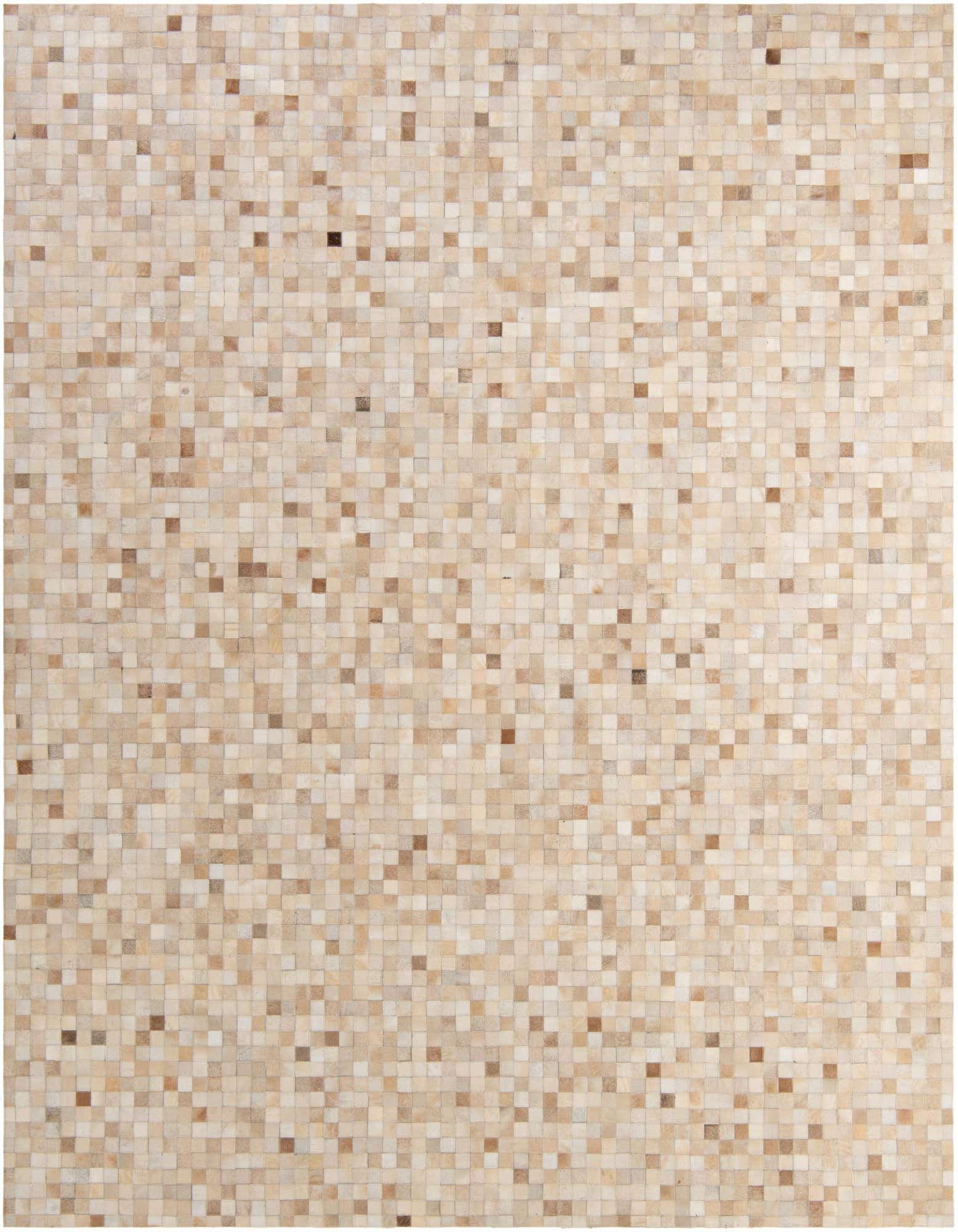 A rectangular 8x10 modern cowhide rug with a patchwork pattern in varying shades of brown, tan, and ivory.