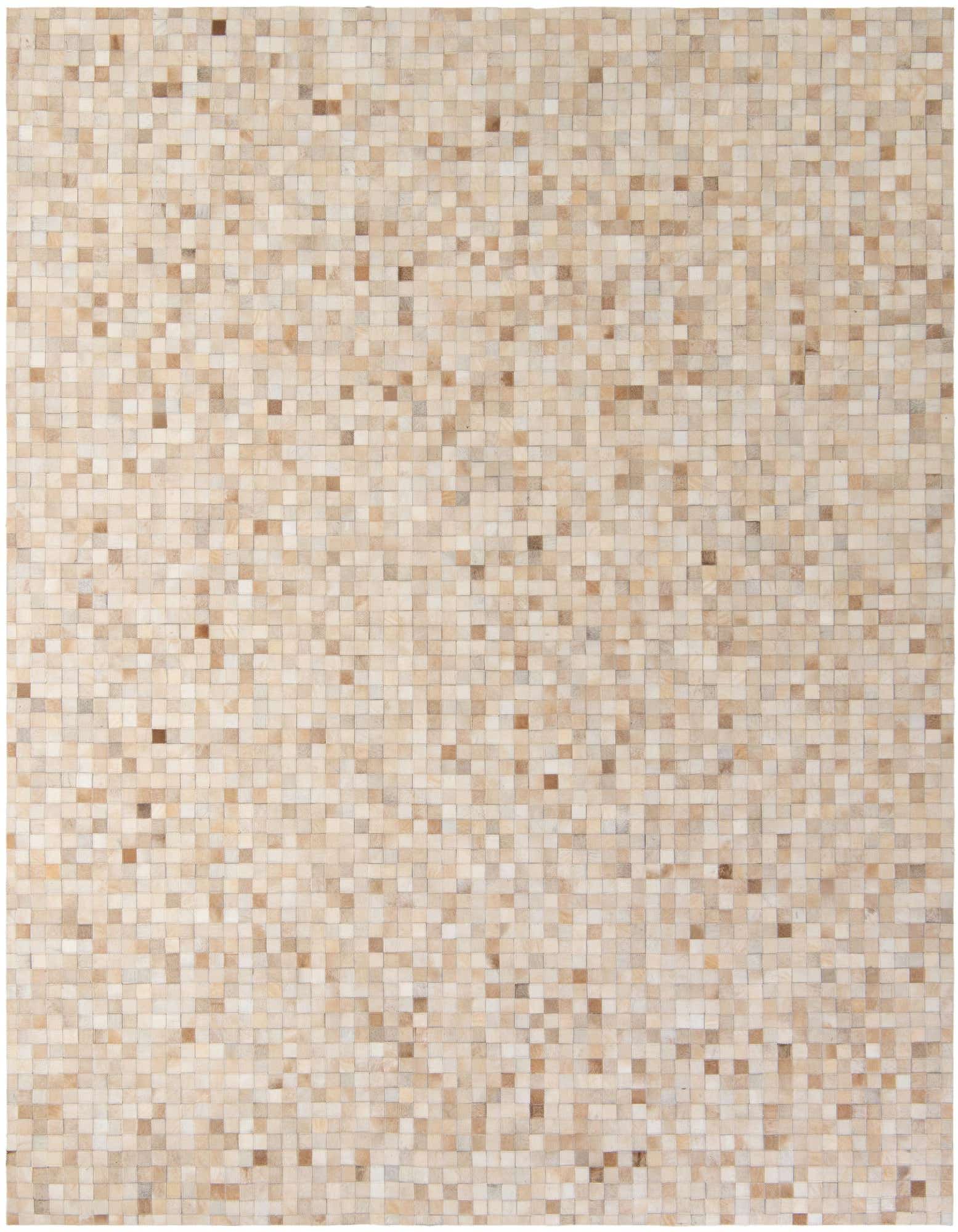 A rectangular 8x10 modern cowhide patchwork rug in varying shades of brown, tan, and cream.