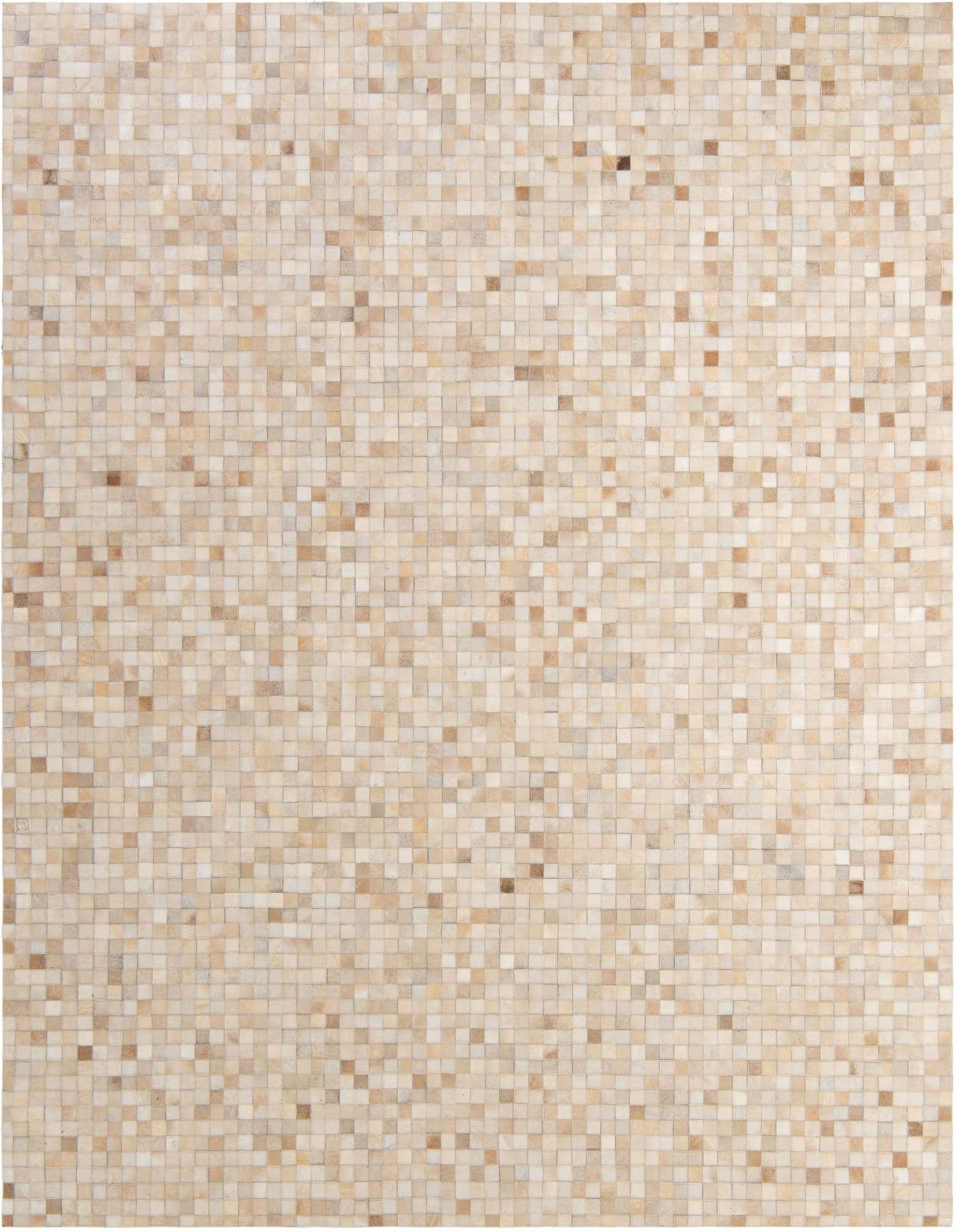 A rectangular 8x10 Cowhide Patchwork rug featuring a mosaic of varying brown, tan, and ivory squares.