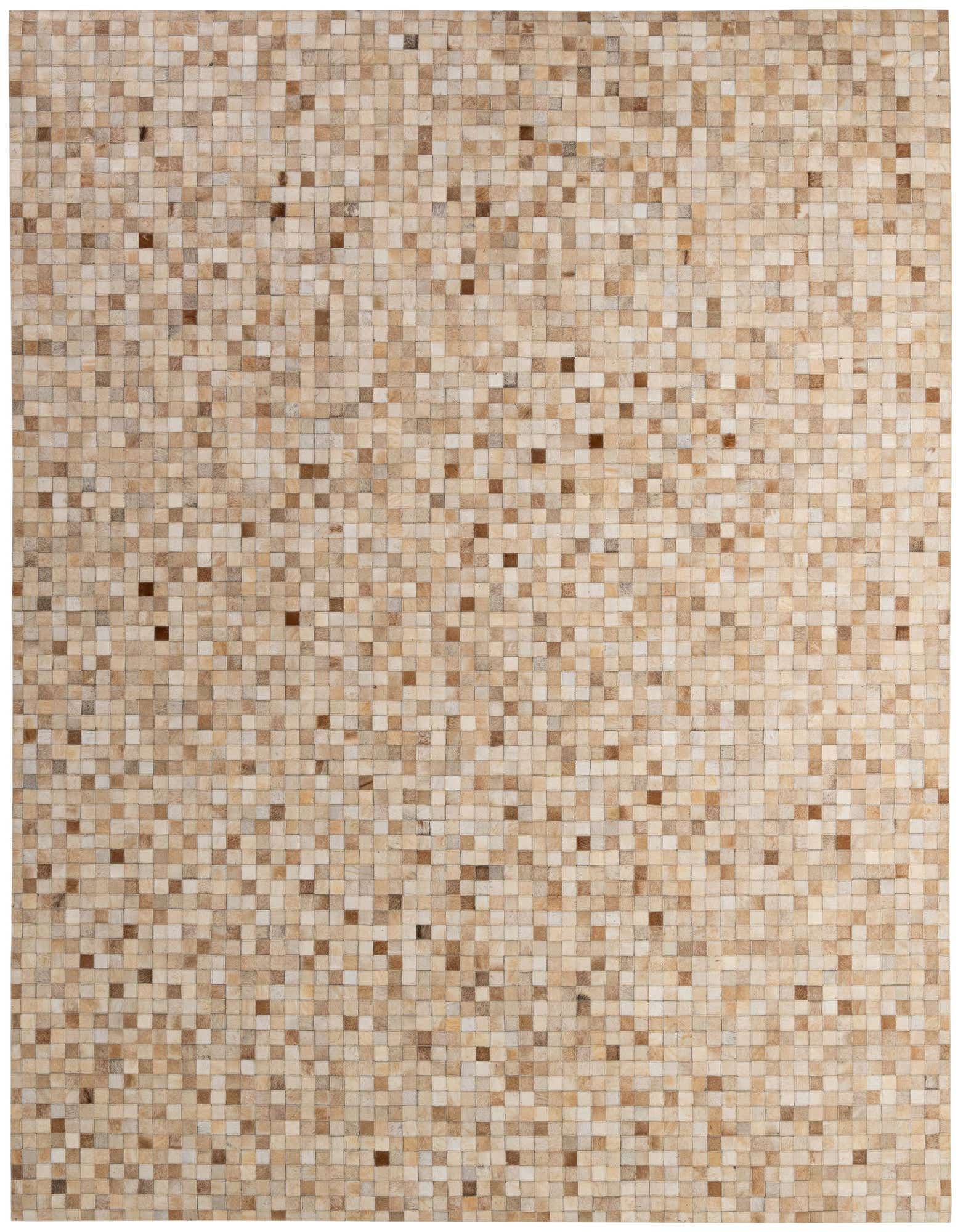 A rectangular 8x10 modern cowhide rug featuring a patchwork of varying brown, tan, and ivory squares.