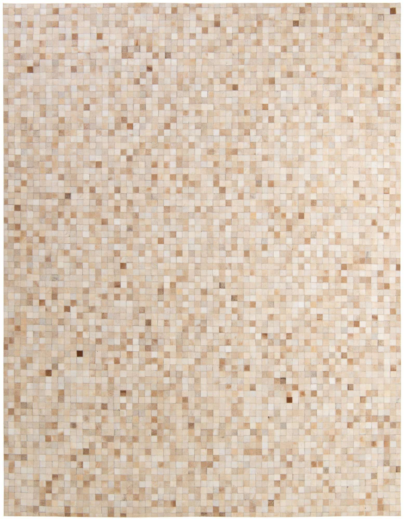A rectangular 8x10 modern cowhide patchwork rug featuring a mosaic of brown, tan, and ivory squares.