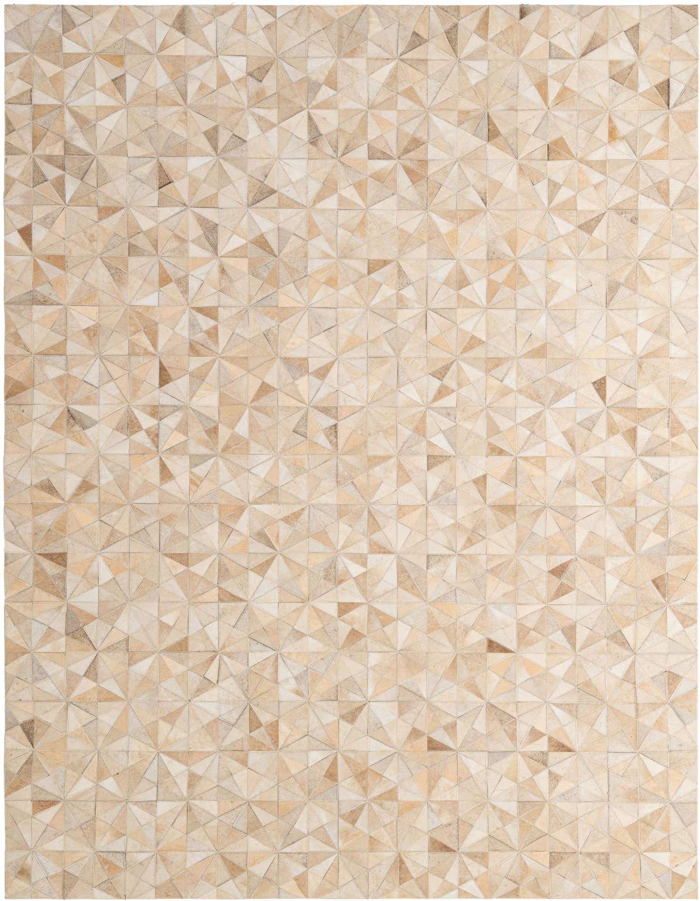 A 5x8 rectangular Cowhide - Patchwork rug featuring a modern geometric pattern in varying shades of brown, tan, and cream.