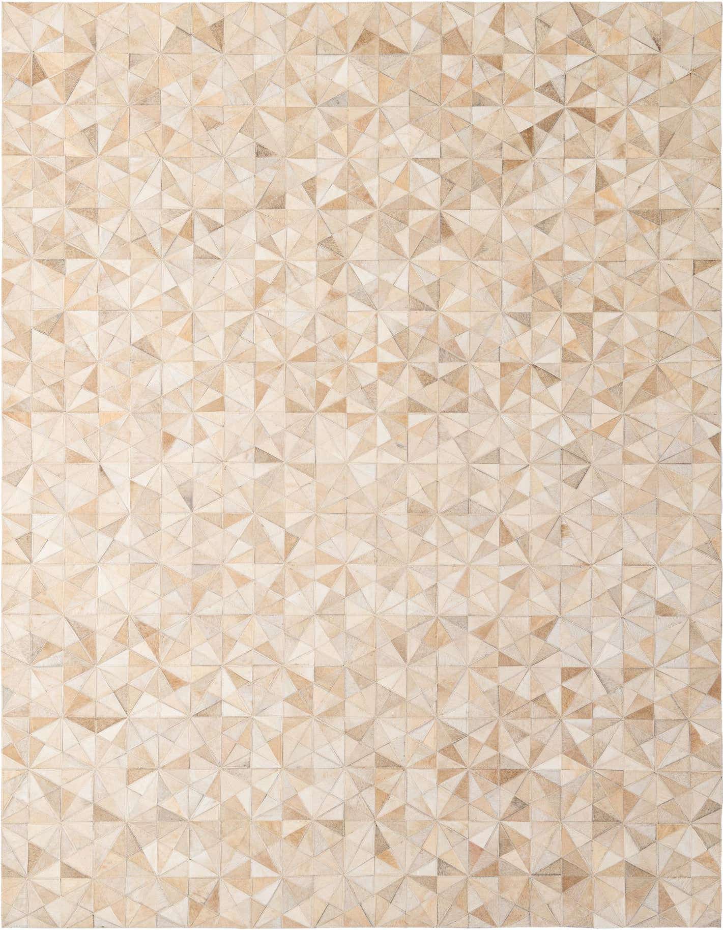 A 5x8 rectangular Cowhide - Patchwork rug featuring a modern geometric pattern in various shades of brown, tan, and cream.