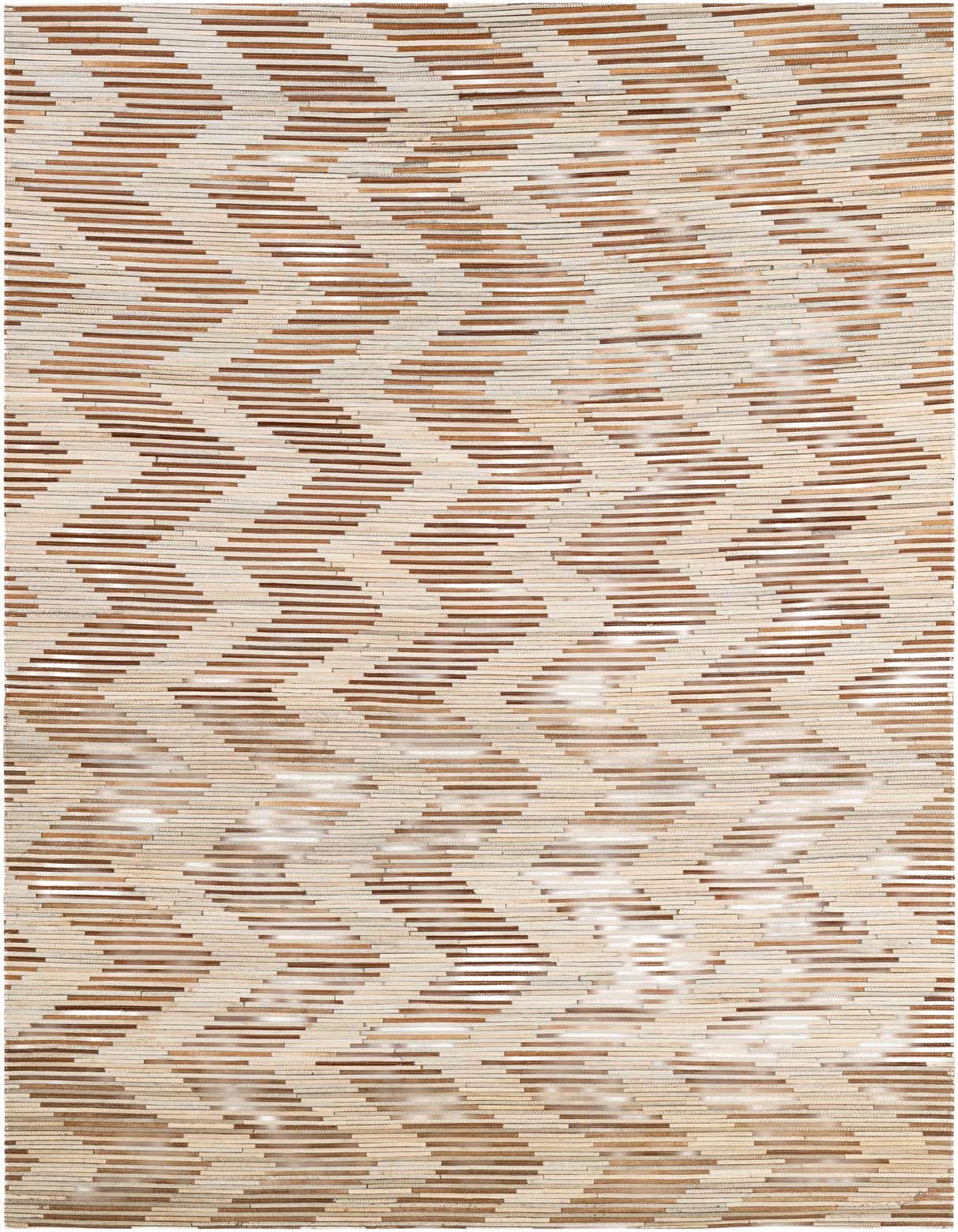 A 5x8 rectangular Cowhide - Patchwork rug featuring a modern stripe pattern in browns, tans, ivories, and creams.