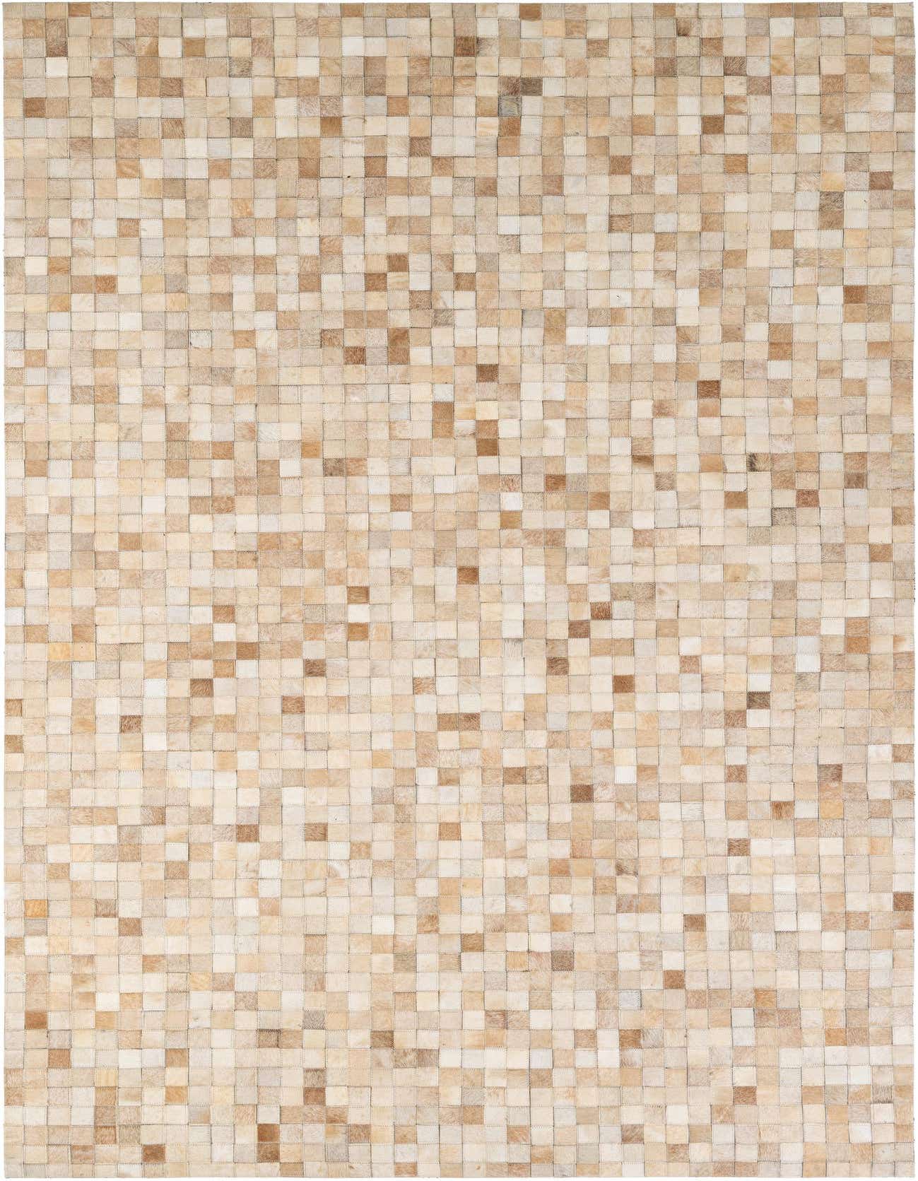 A 5x8 rectangular Cowhide Patchwork rug featuring a modern pattern of various brown, tan, and ivory squares.