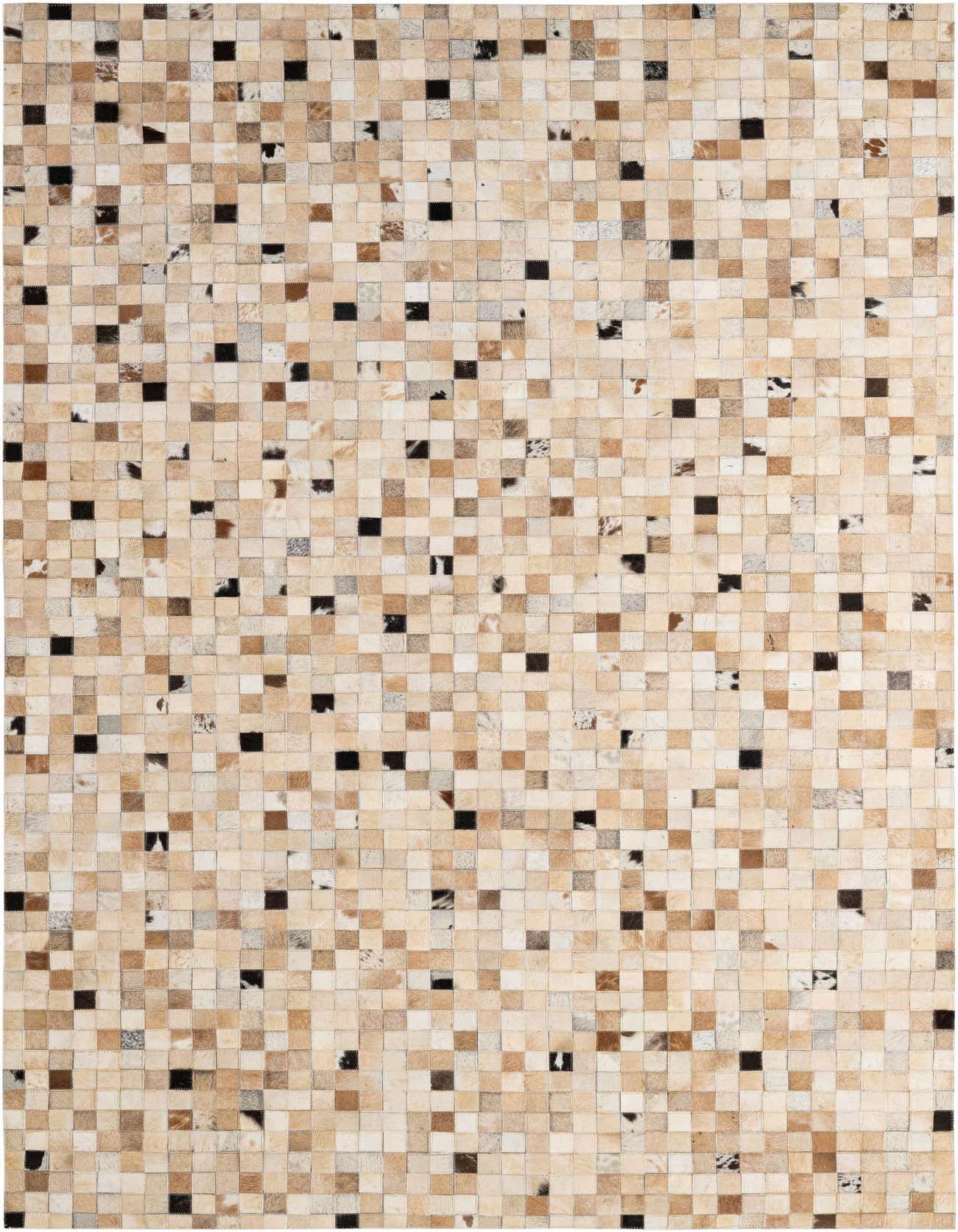 A 5x8 rectangular Cowhide Patchwork rug featuring a modern pattern of various brown, tan, ivory, and cream squares.