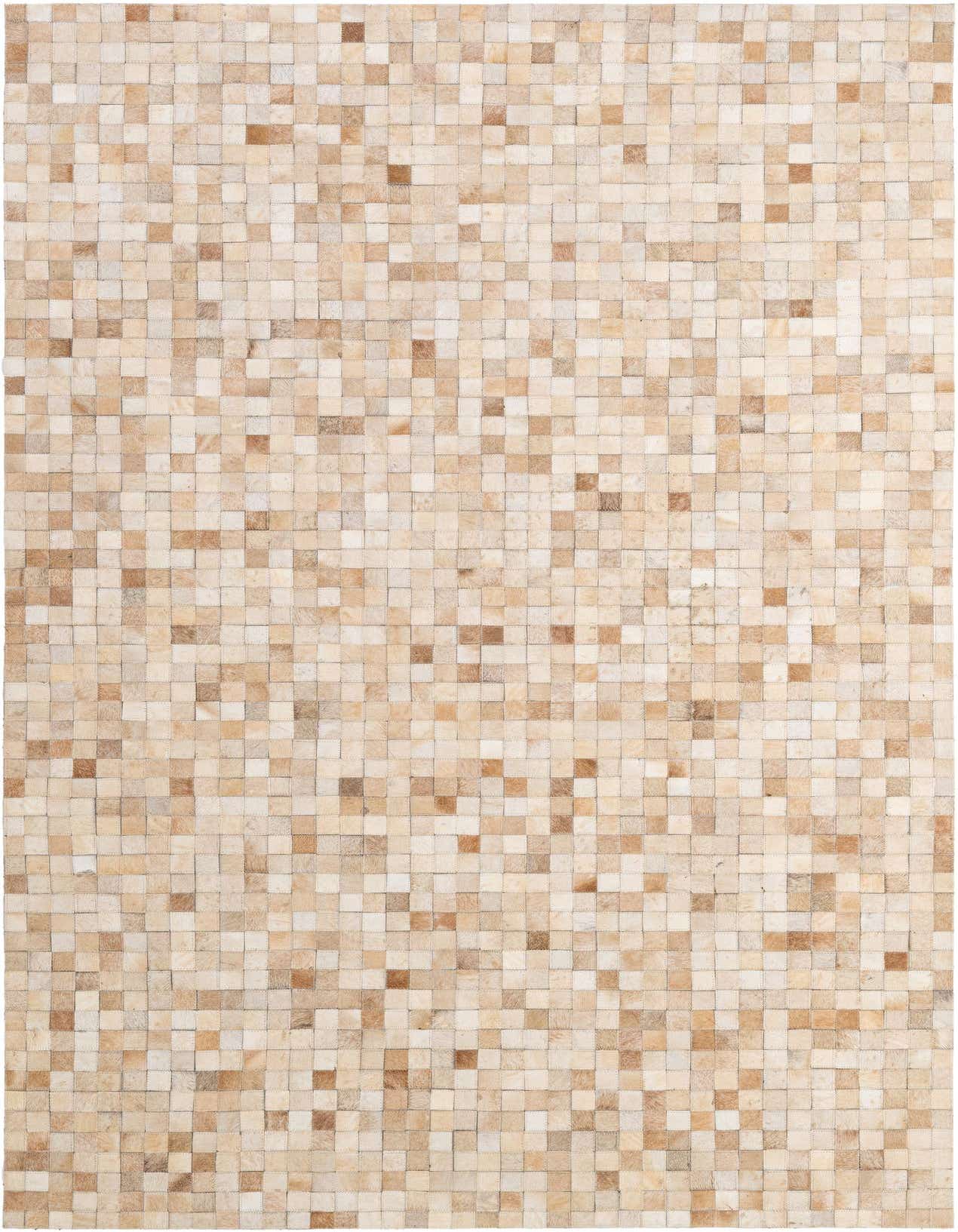 A 5x8 rectangular Cowhide Patchwork rug featuring a modern design with varied brown, tan, and ivory squares.