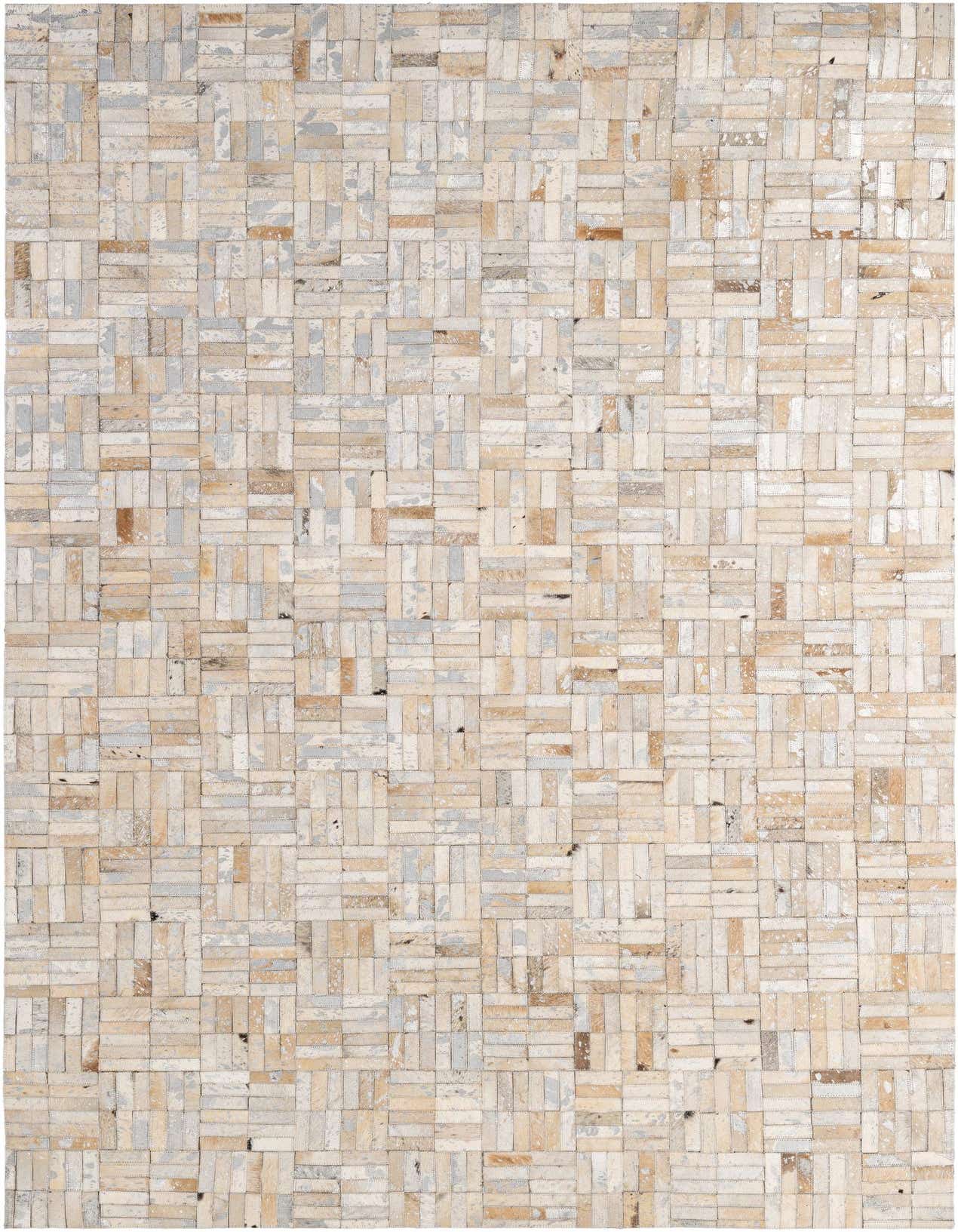 A 5x8 rectangular cowhide patchwork rug featuring a modern pattern of brown, tan, and ivory leather squares.