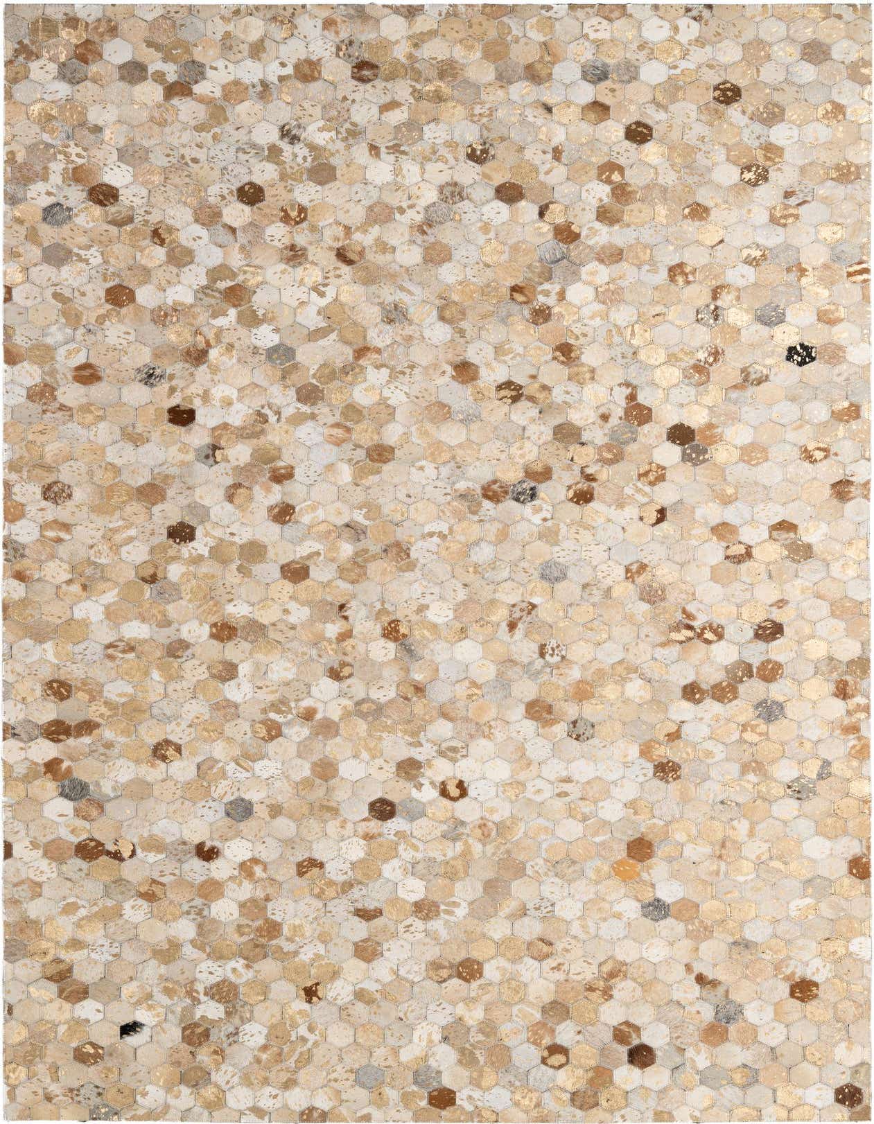 A 5x8 rectangular Cowhide Patchwork rug featuring a modern honeycomb pattern in various shades of brown, tan, cream, and ivory.