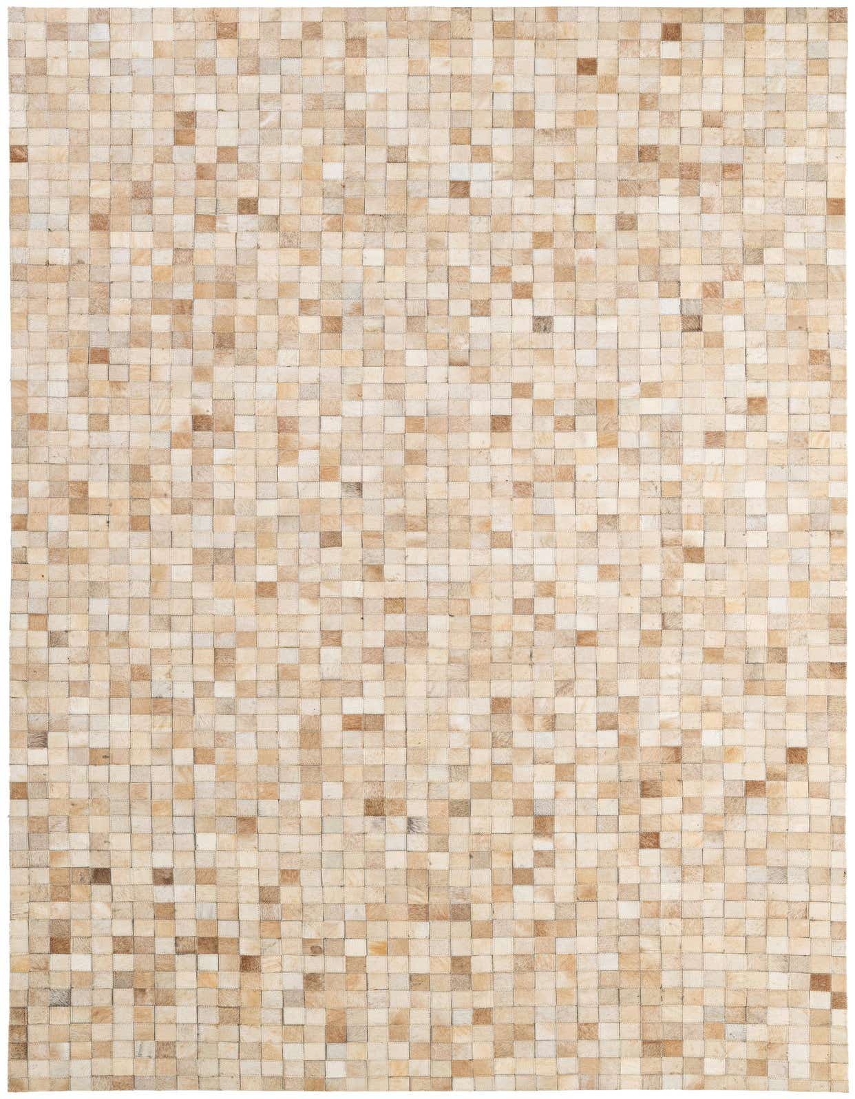 A rectangular 5x8 modern patchwork cowhide rug featuring varying shades of brown, tan, and ivory squares.