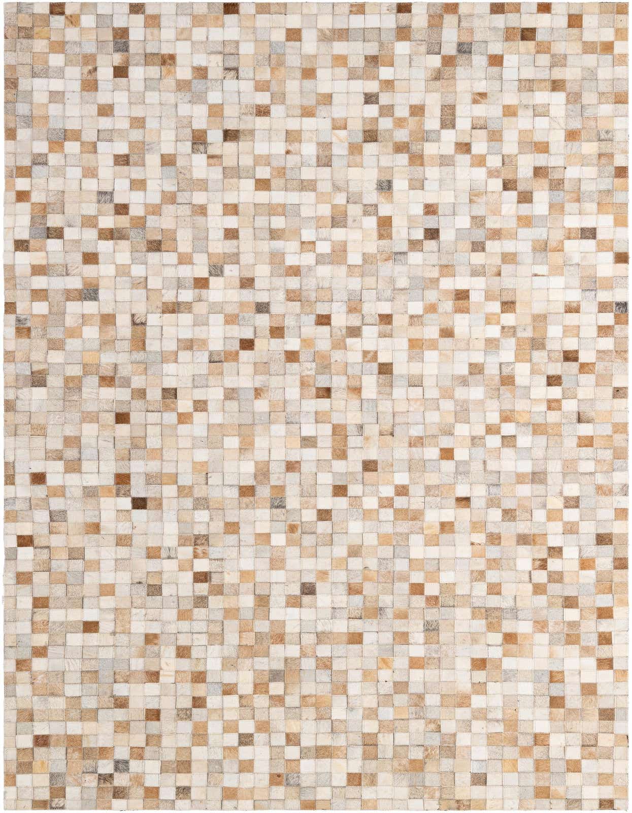 A 5x8 rectangular Cowhide Patchwork rug featuring a modern pattern of small squares in varying shades of brown, tan, and ivory.