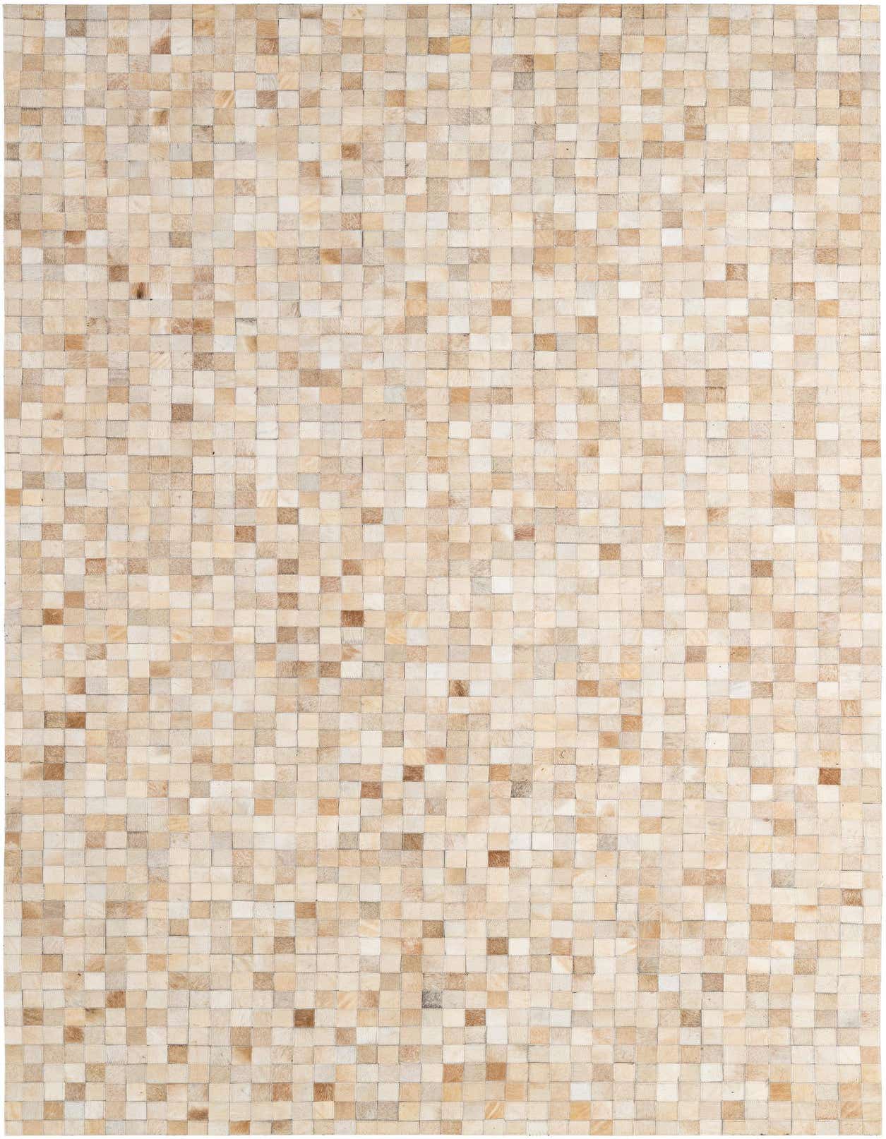 A rectangular 5x8 modern patchwork cowhide rug in shades of brown, tan, and ivory, perfect for a living room.