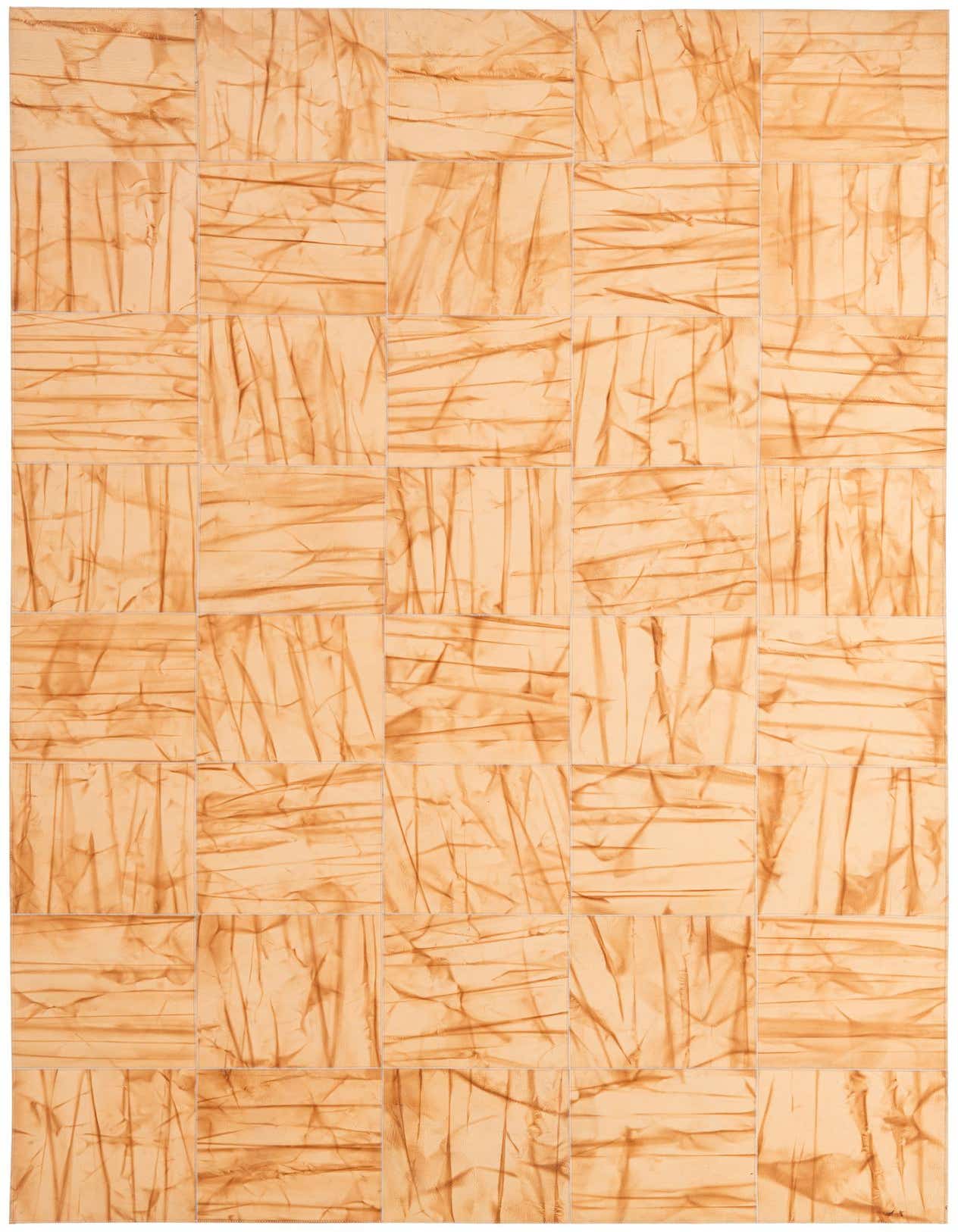 A 5x8 rectangular Cowhide Patchwork rug featuring a modern abstract design in varied brown and tan tones.
